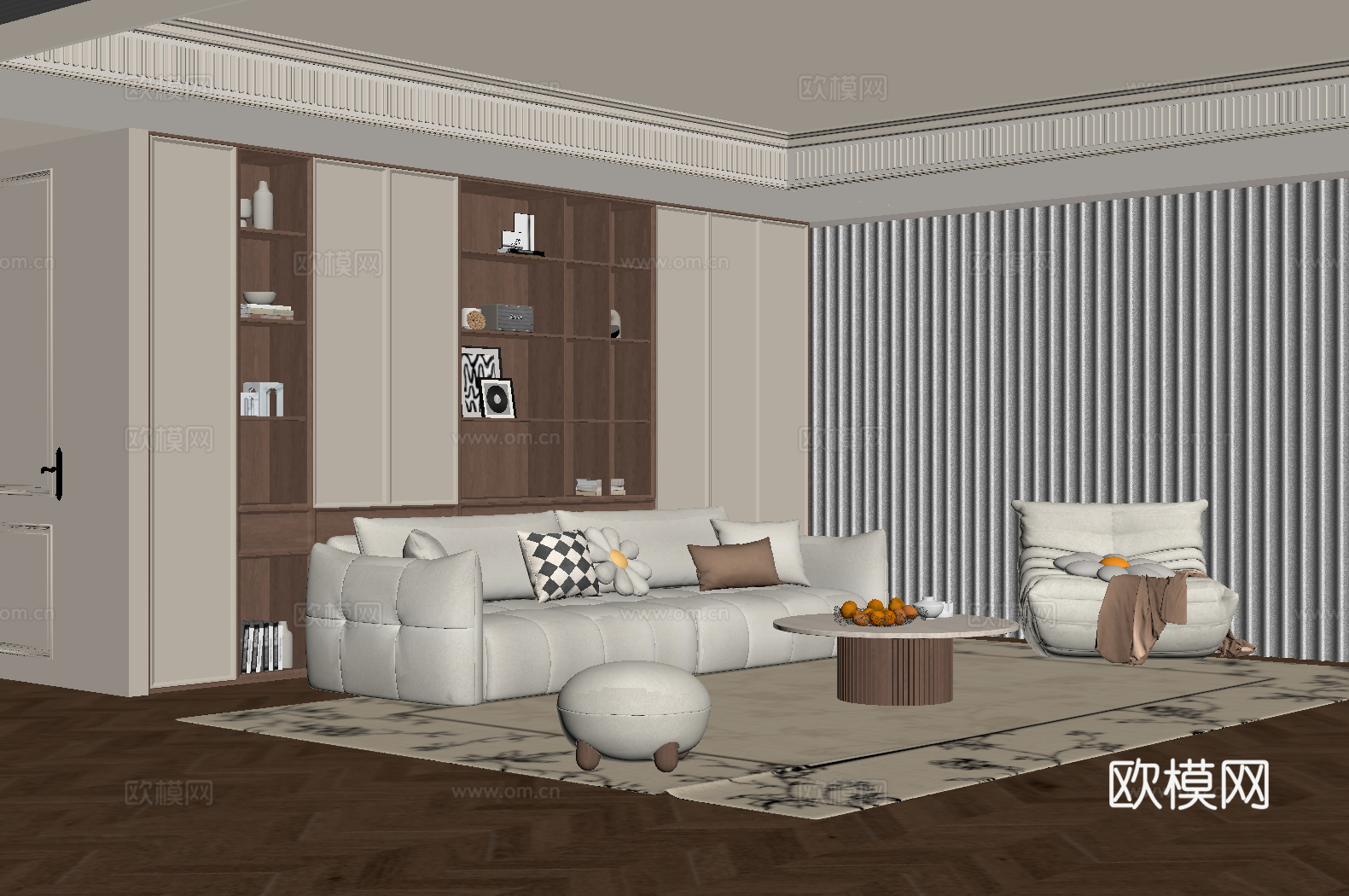 现代中古风客厅 沙发茶几组合 书柜su模型