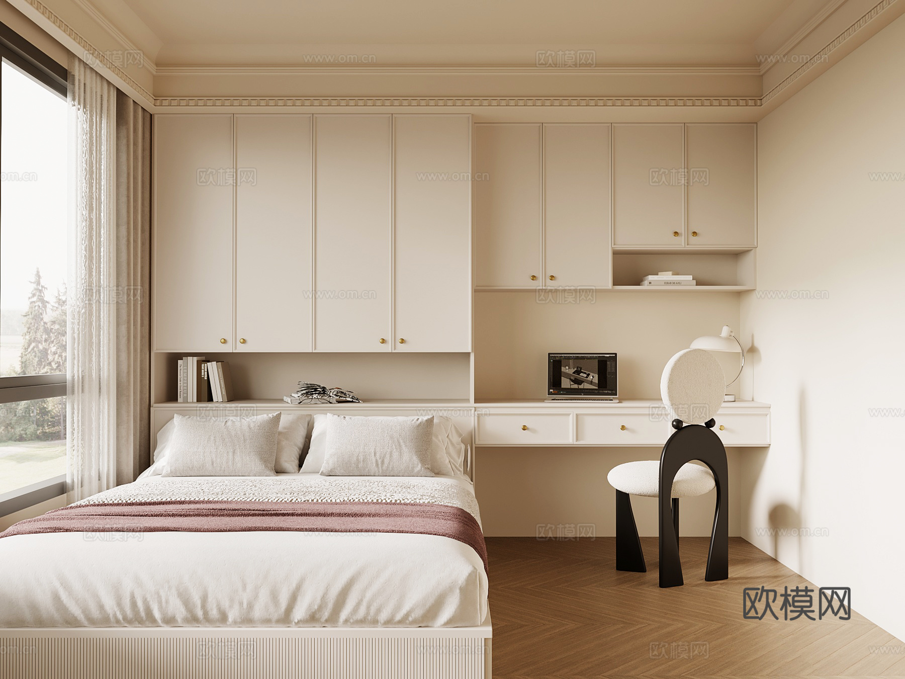 法式奶油风榻榻米卧室su模型