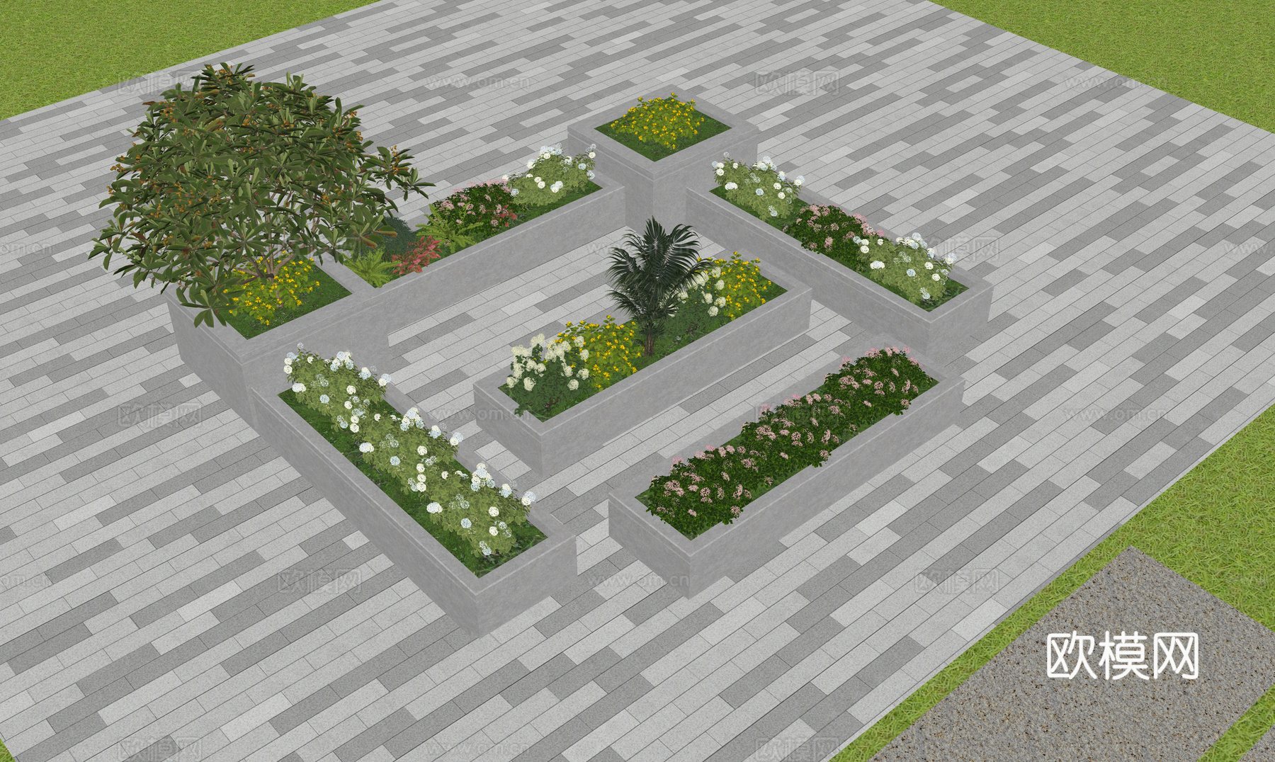 现代花池   植物景观   石材花池su模型