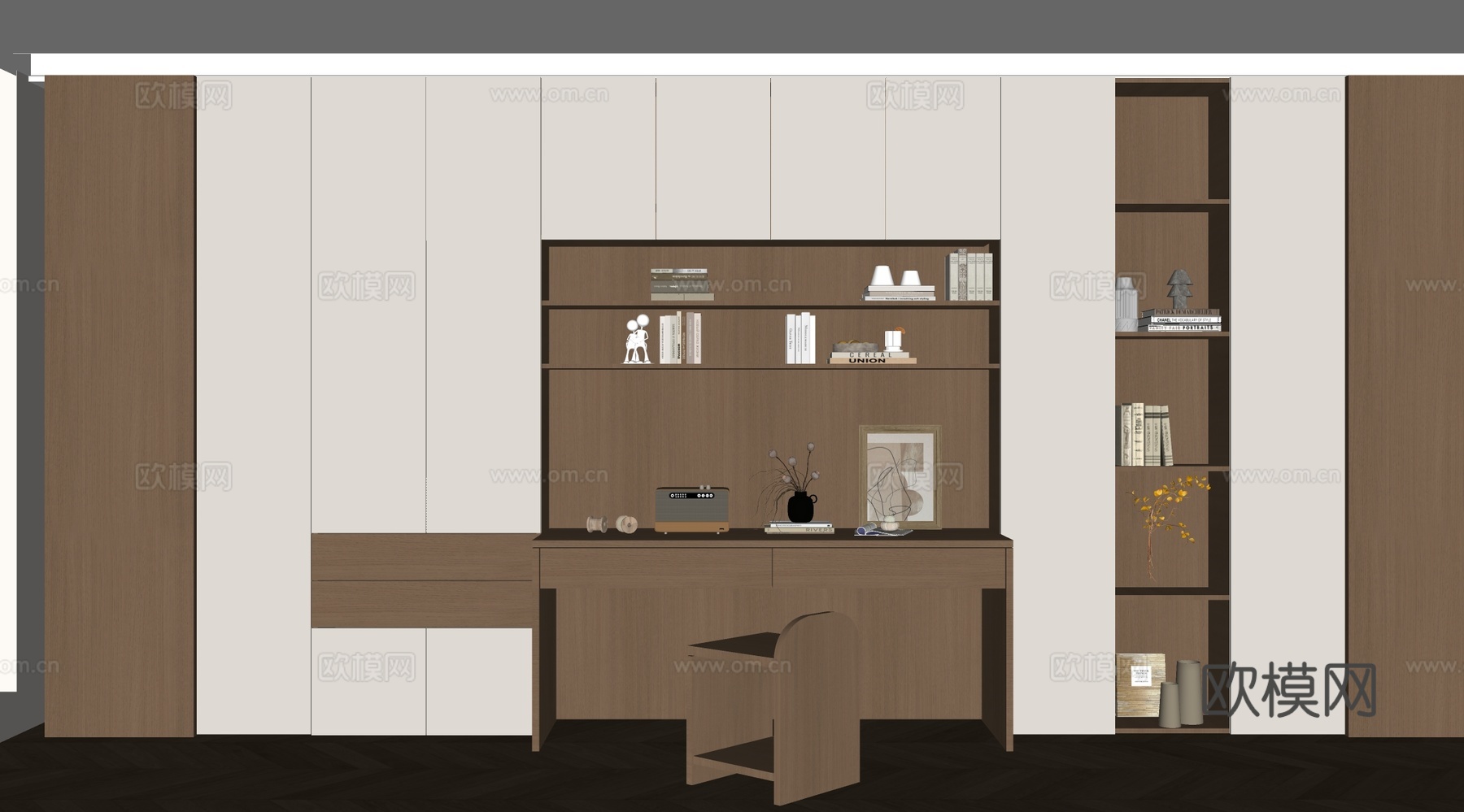 现代书房 书桌书柜组合 储物柜背景柜 装饰柜su模型