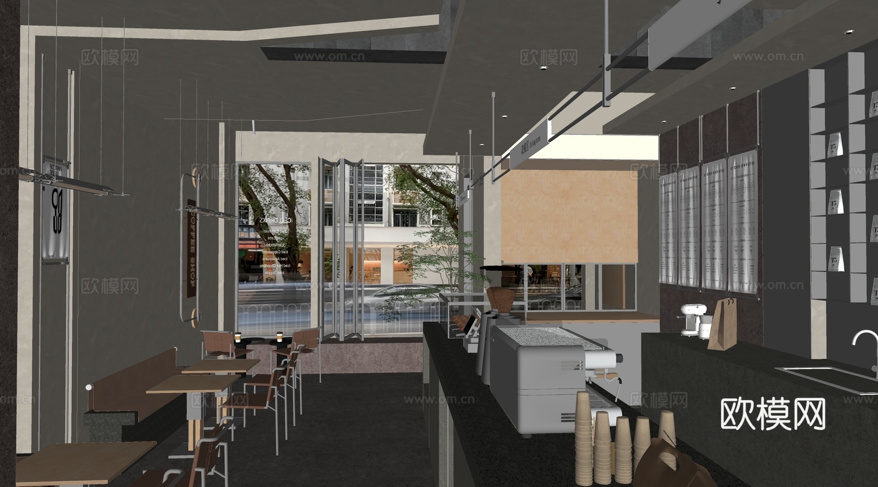 中古复古咖啡厅 奶茶店 咖啡吧台水吧台 咖啡桌椅组合su模型