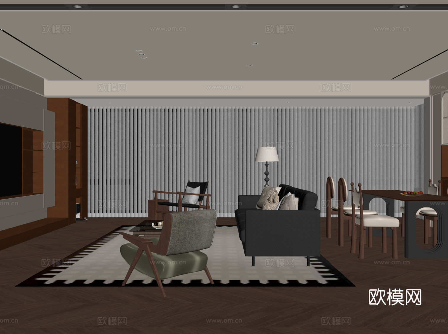 中古风客餐厅 餐桌椅 电视背景墙 酒柜su模型