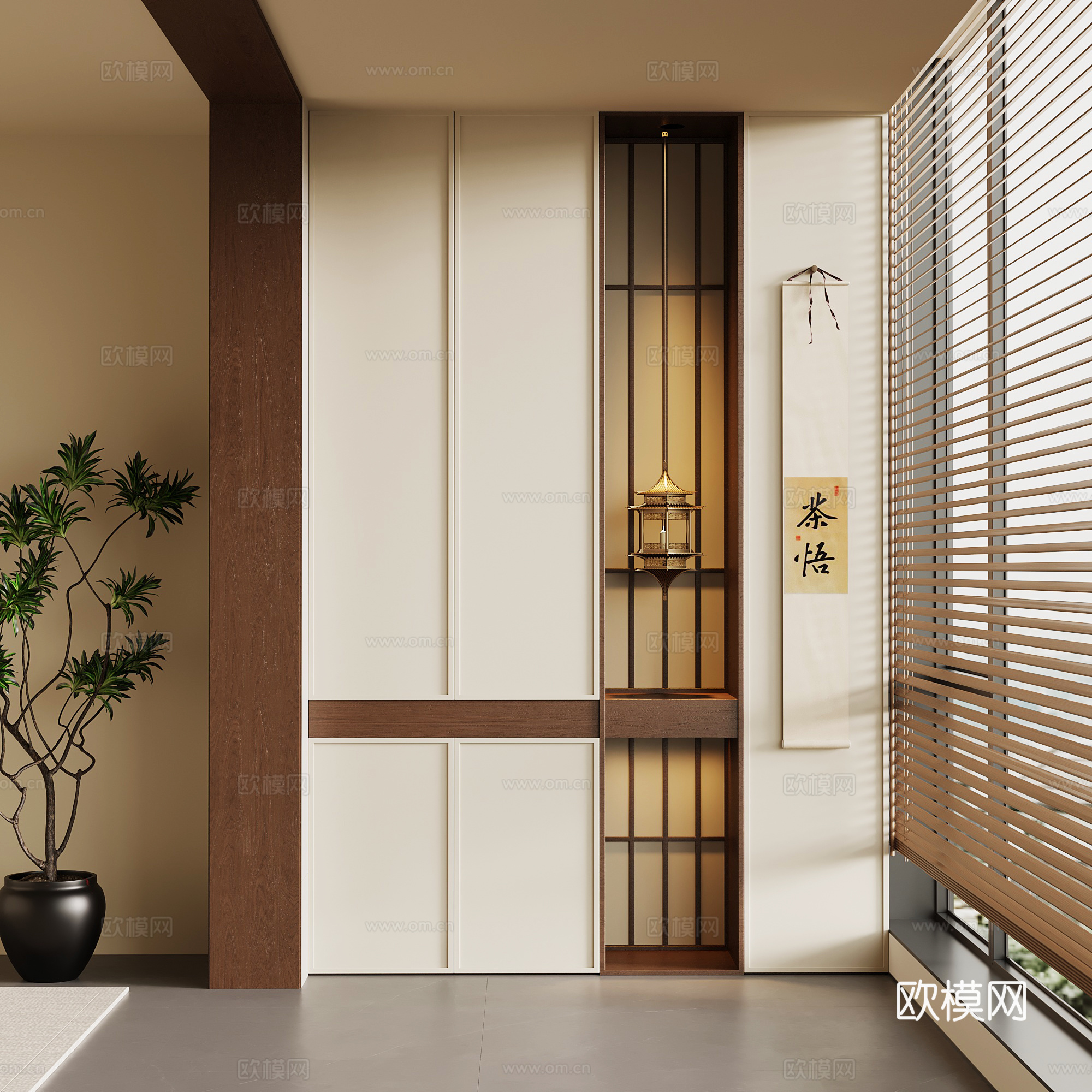 新中式阳台 阳台柜 玄关柜su模型