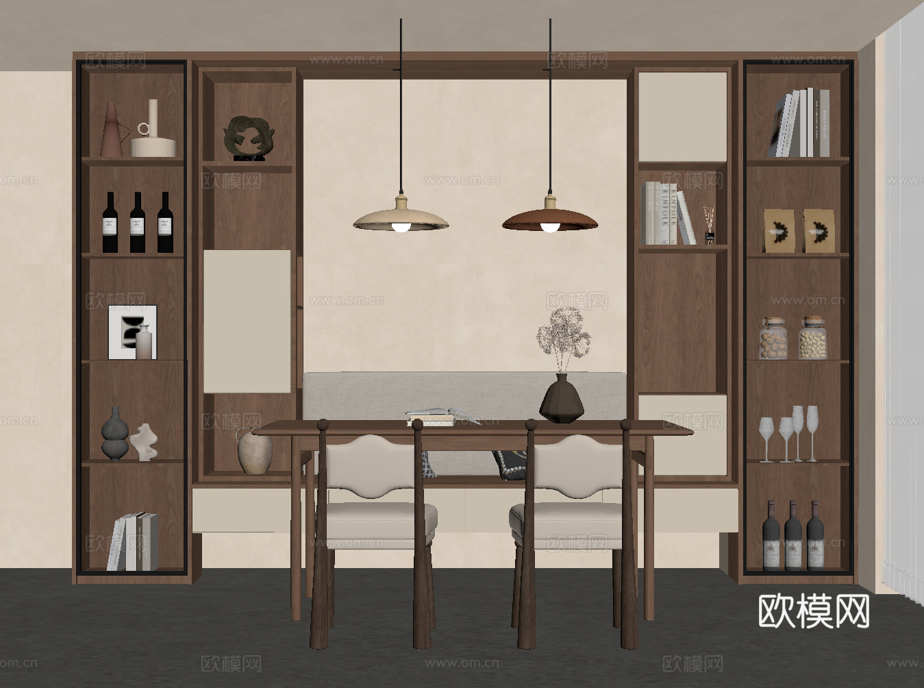 中古风餐桌椅 酒柜su模型