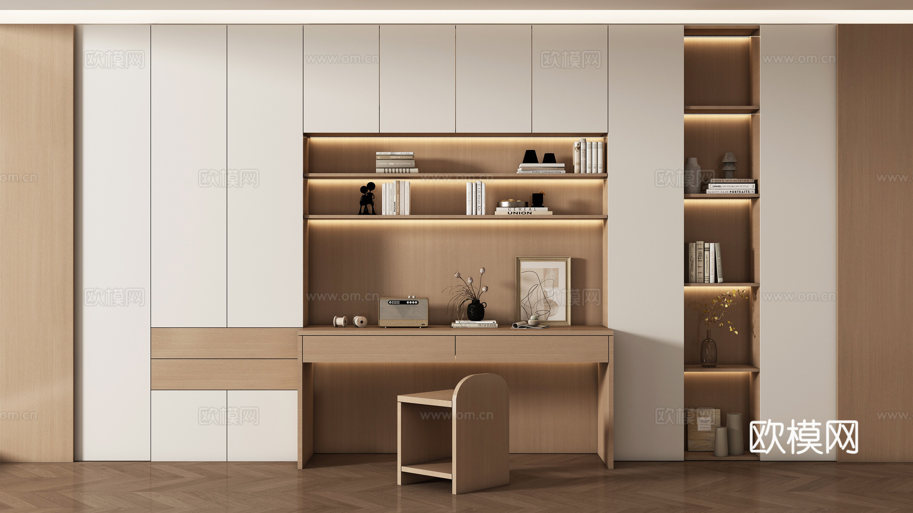现代书房 书桌书柜组合 储物柜背景柜 装饰柜su模型