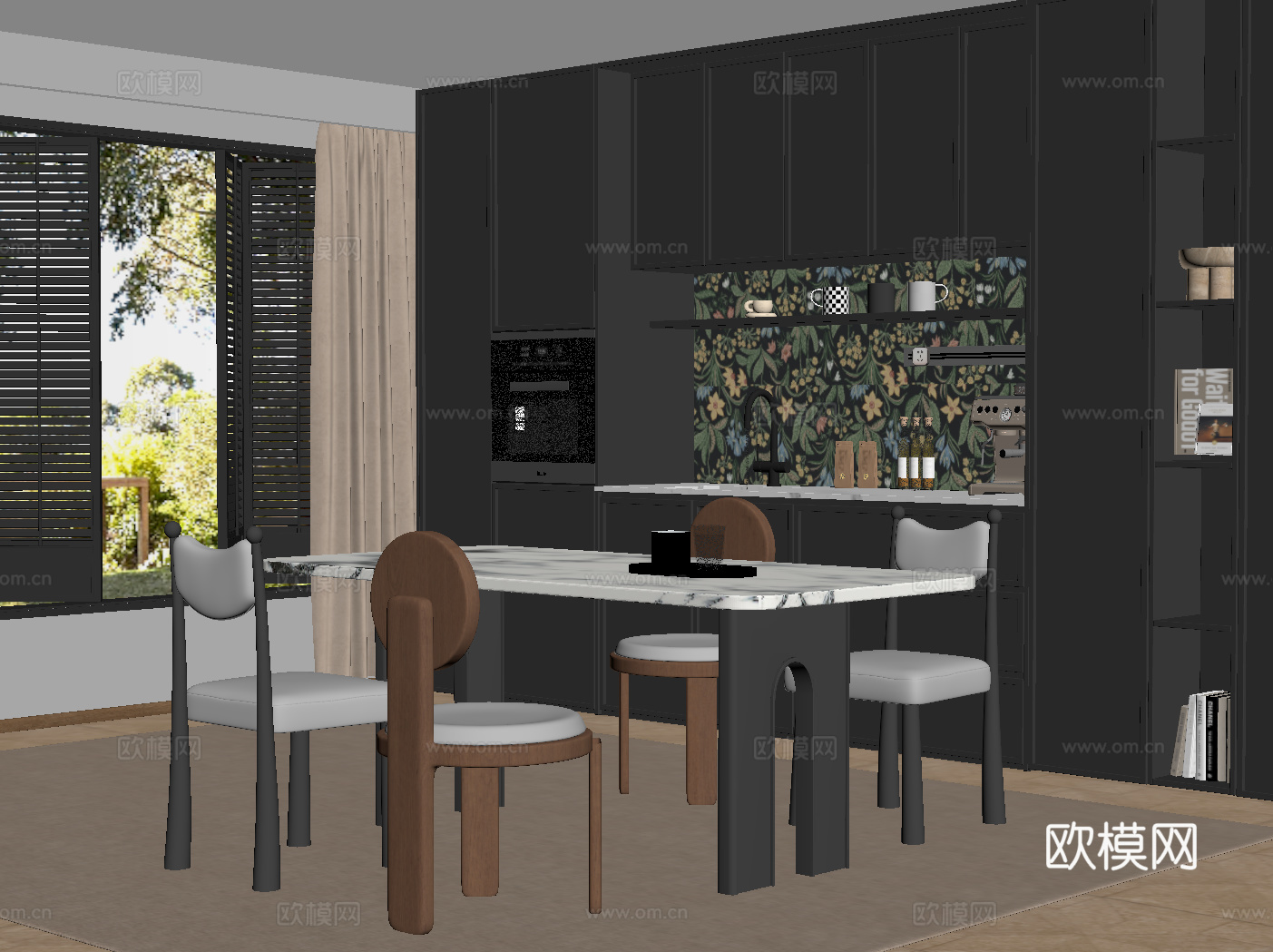 法式复古风餐厅 餐桌椅 餐边柜su模型