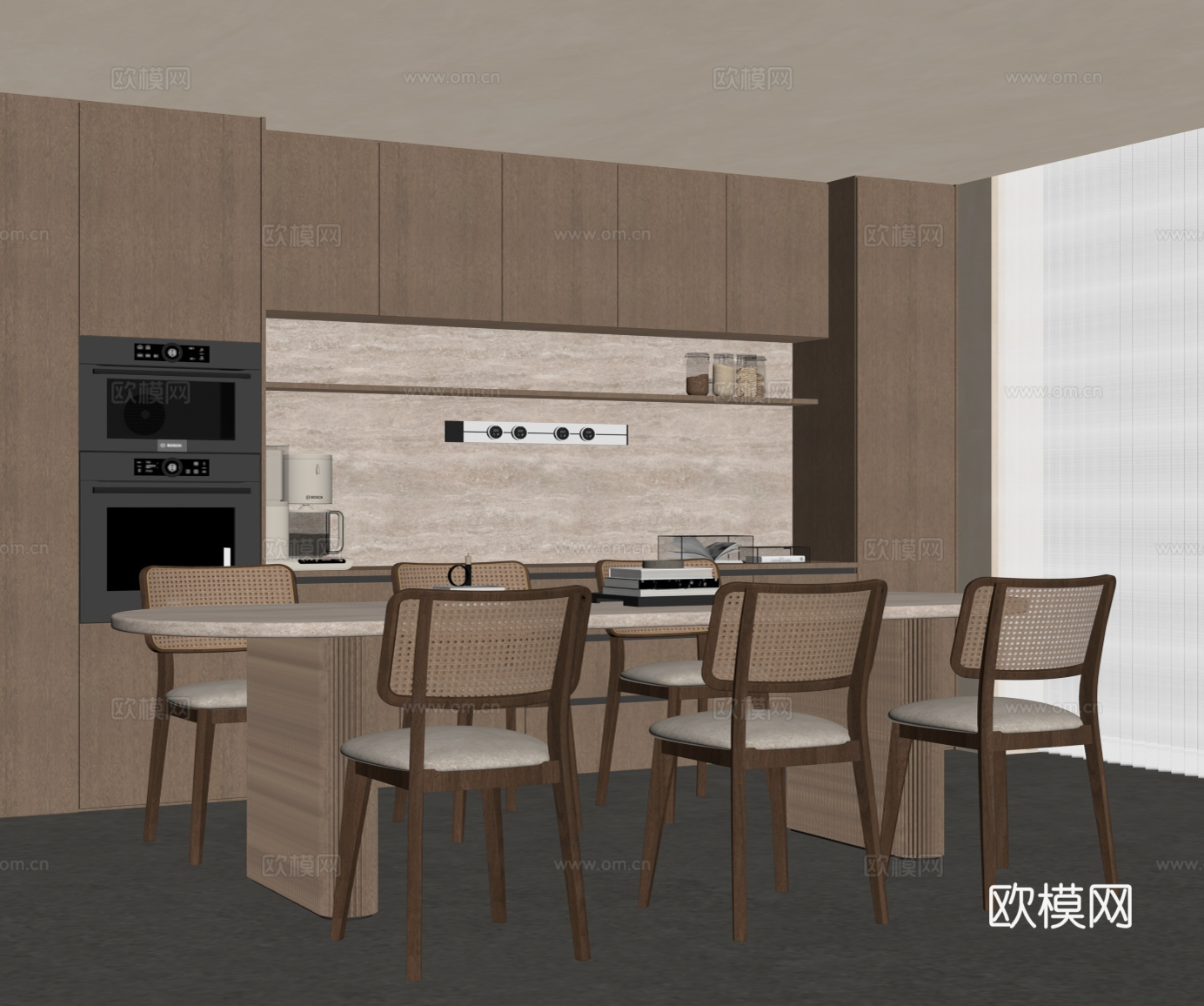 侘寂中古餐厅 餐桌椅 餐边柜su模型