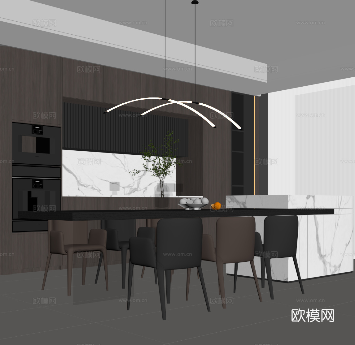 现代意式餐厅 餐桌椅 酒柜su模型