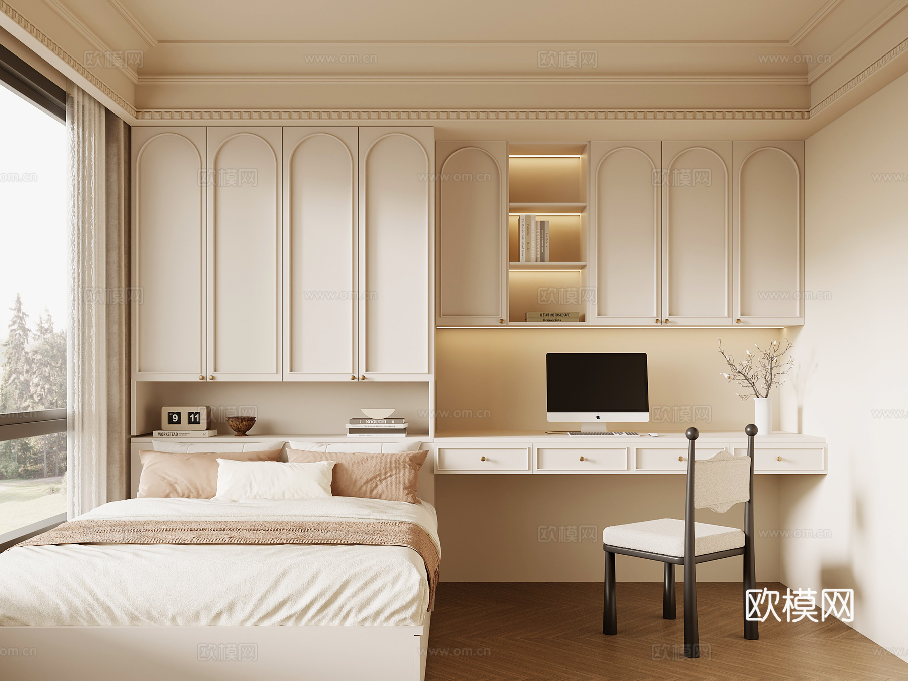 法式奶油风榻榻米卧室su模型