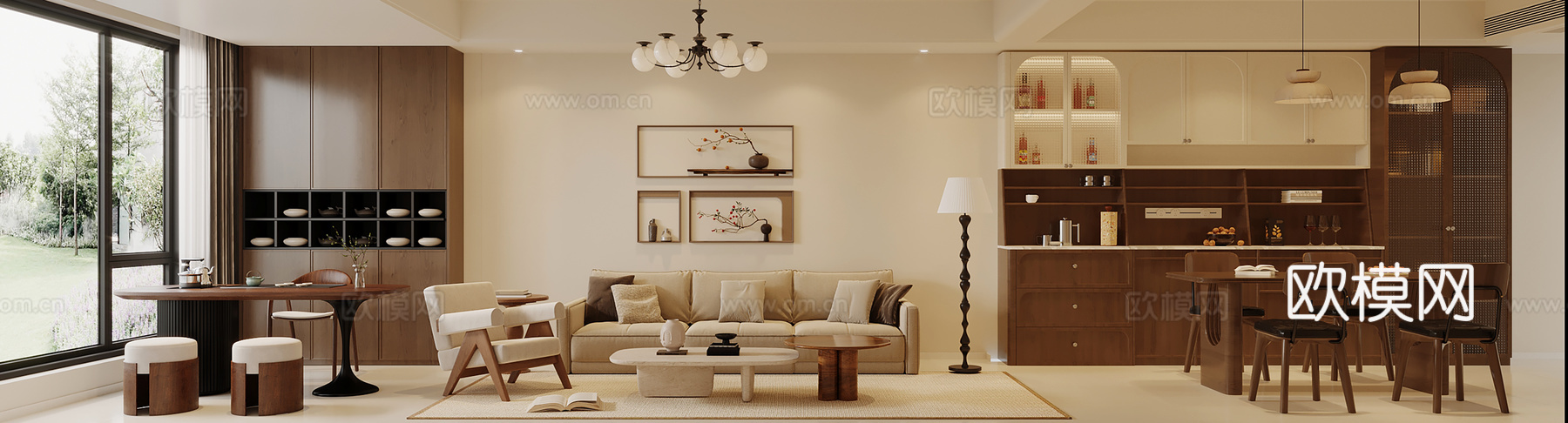 中古风客餐厅 小茶台 酒柜 沙发茶几组合 餐桌椅su模型