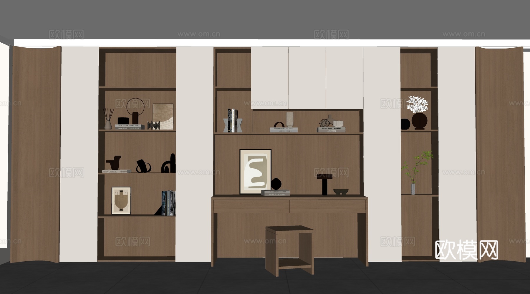 现代书房 书柜书桌组合 储物柜背景柜 装饰柜su模型