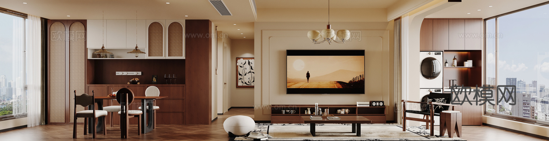 中古风客餐厅 电视柜 酒柜su模型