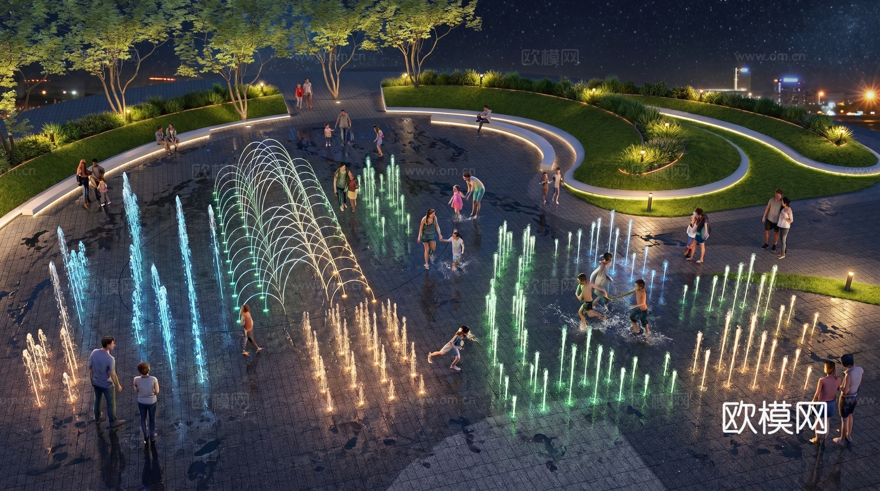 旱喷  喷泉  公园su模型