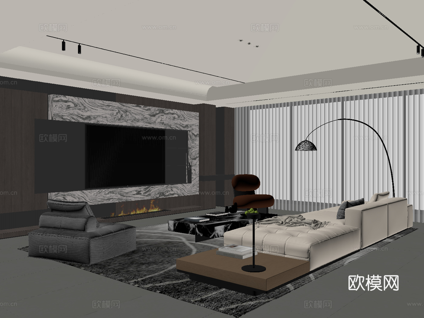 现代意式客厅 沙发茶几组合 电视背景墙su模型