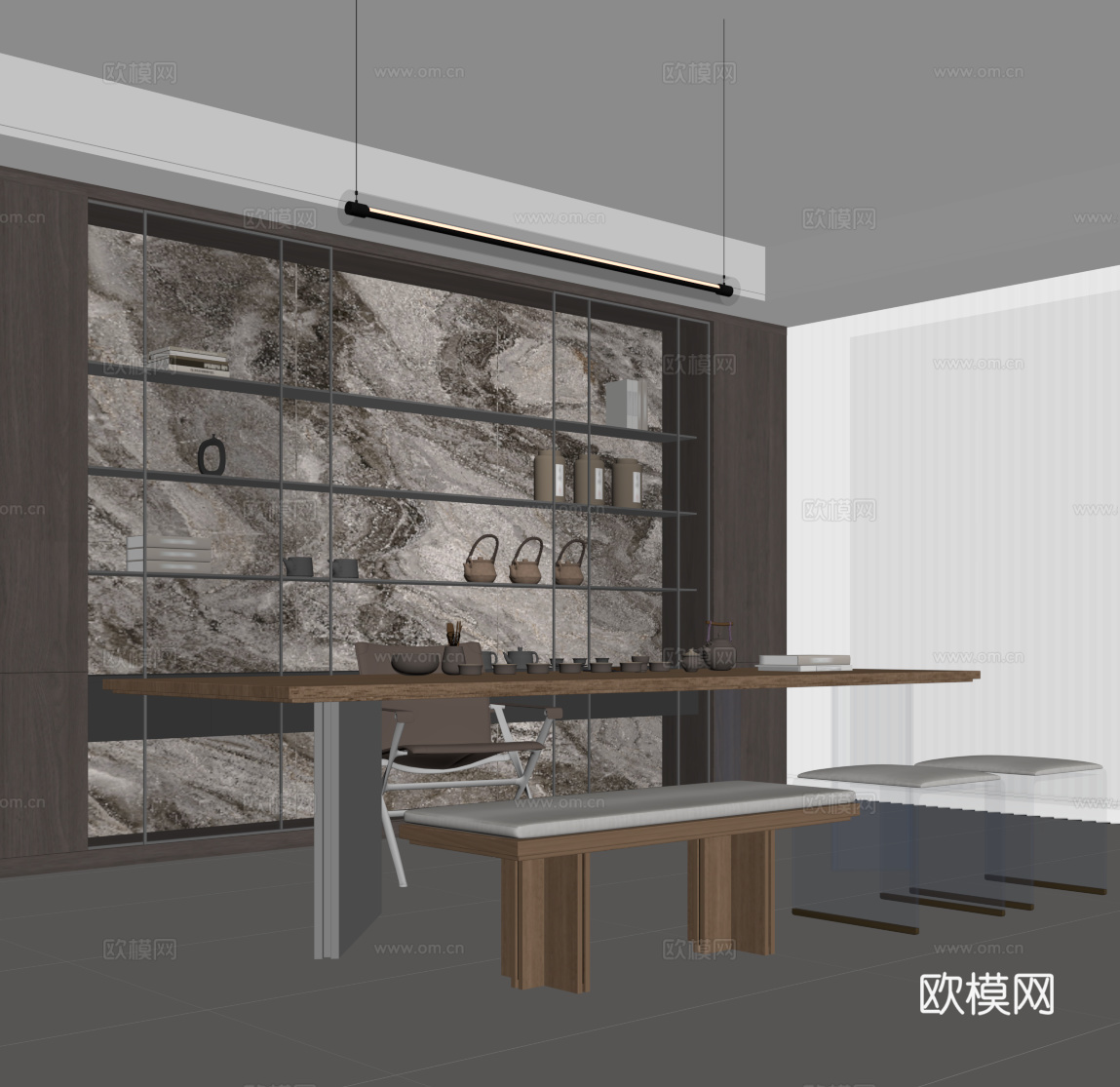 现代茶室 茶叶柜 茶桌椅su模型