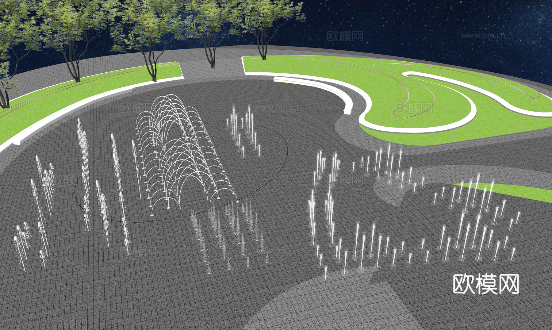 旱喷  喷泉  公园su模型