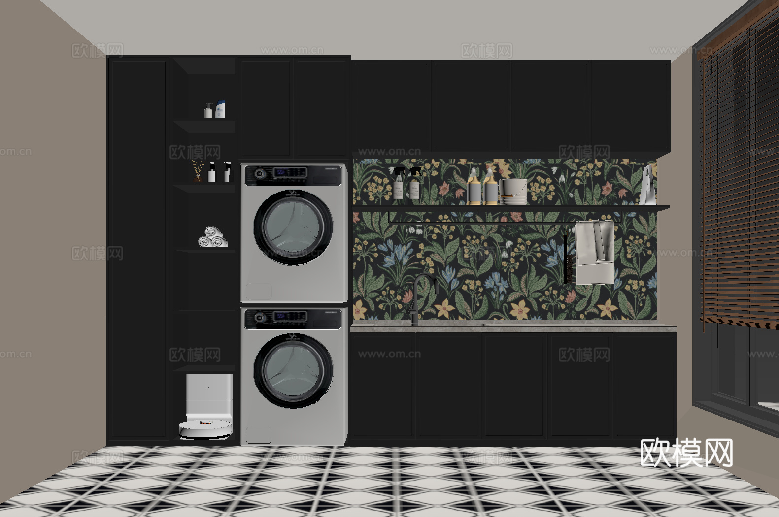 法式复古洗衣房 法式洗衣机柜 晾衣架su模型