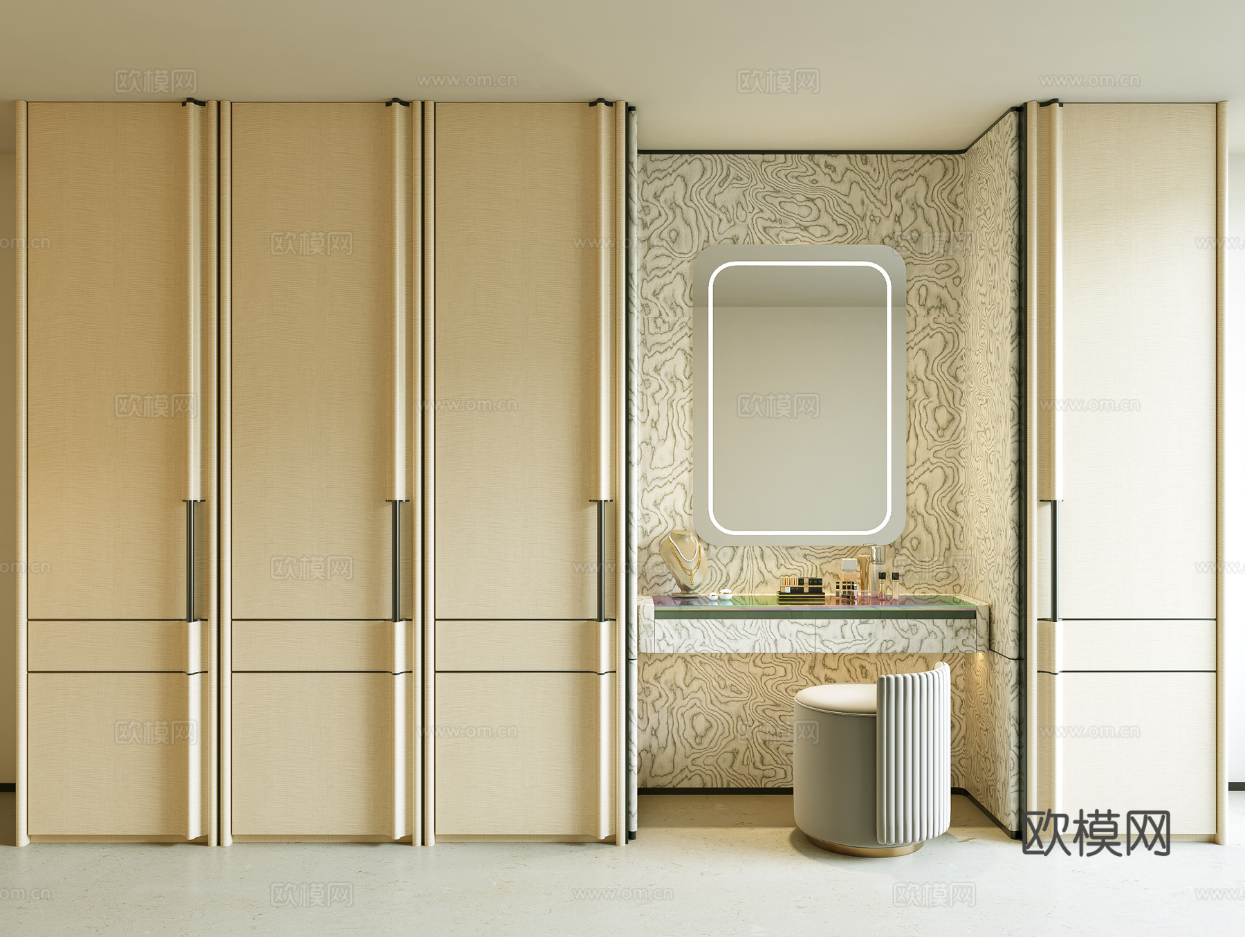 现代 轻奢极简风衣柜 梳妆台 妆台妆凳组合 梳妆台 轻奢衣柜su模型