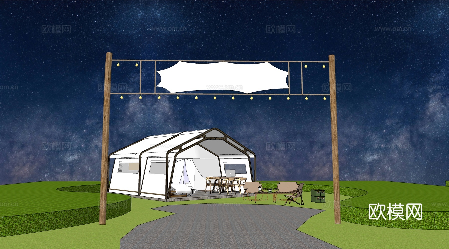 现代露营帐篷 露营地 网红营地 营地大门su模型