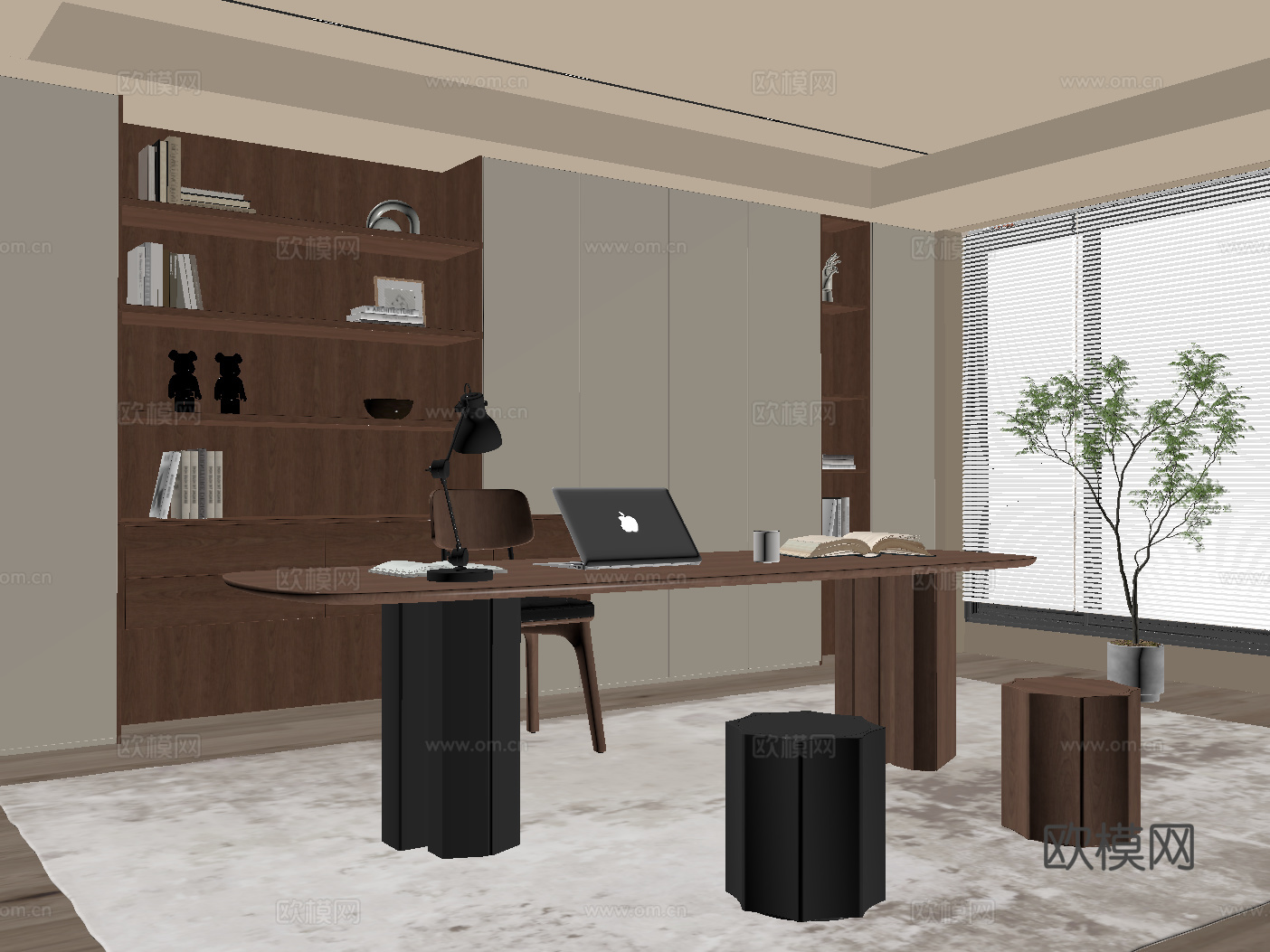 现代中古书房 书桌椅 书柜su模型