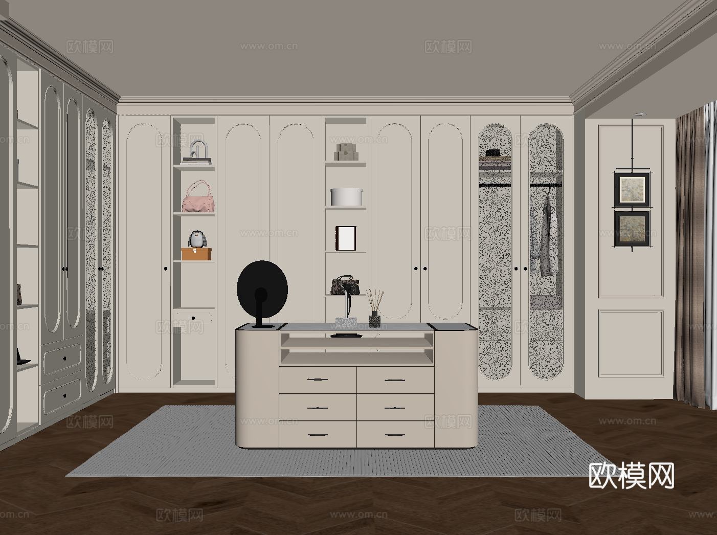 法式奶油风衣帽间 衣柜 中岛柜su模型