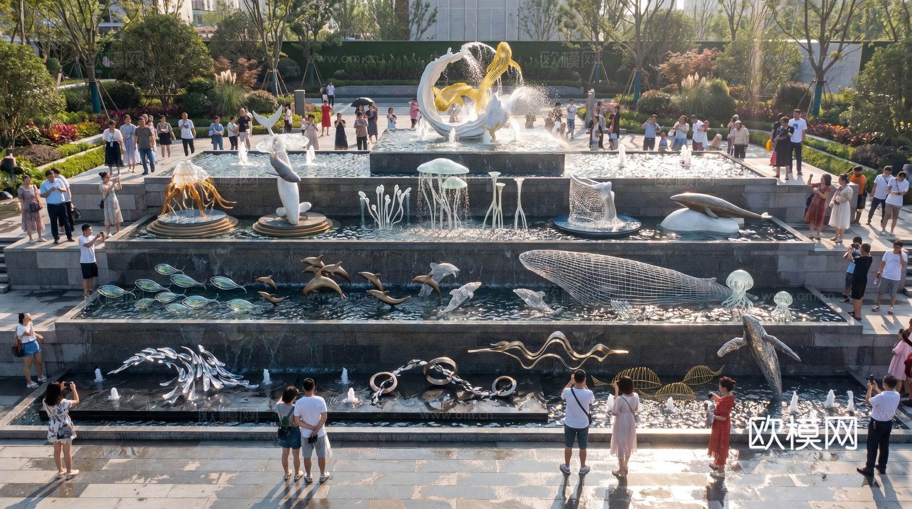 旱喷 雕塑   水景  水池 喷泉公园su模型