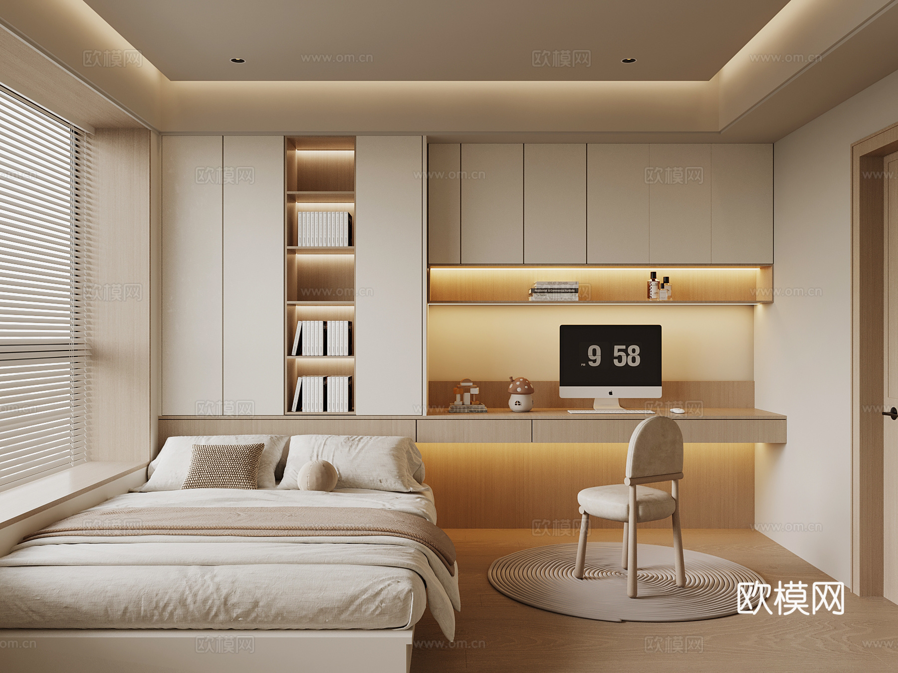 奶油风榻榻米卧室su模型