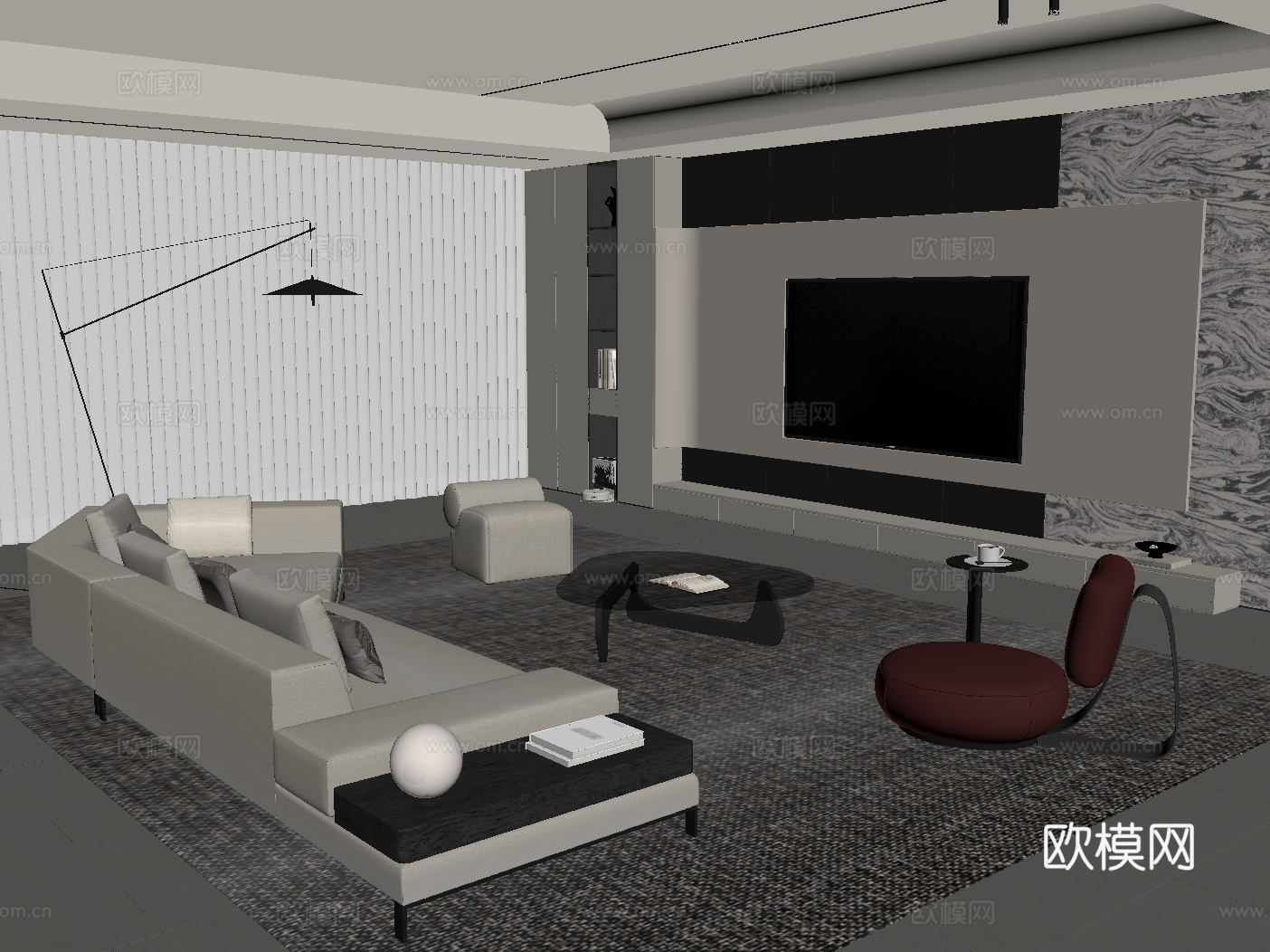 现代意式客厅 沙发茶几组合 电视背景墙su模型
