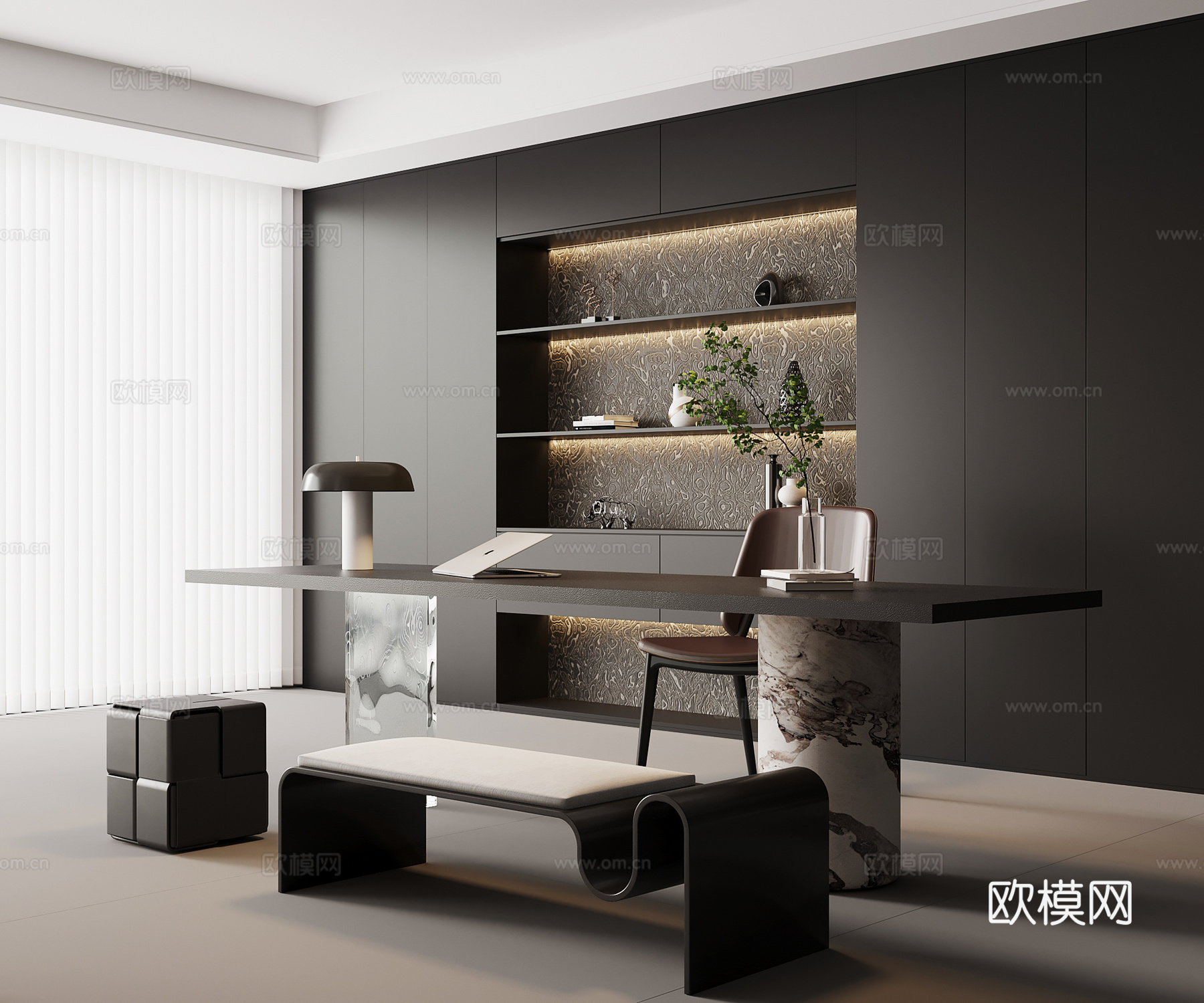 现代意式书房 书桌椅 书柜su模型