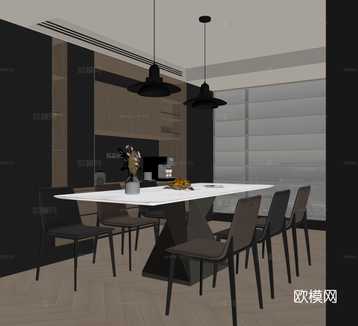 现代意式餐厅 酒柜 餐桌椅su模型
