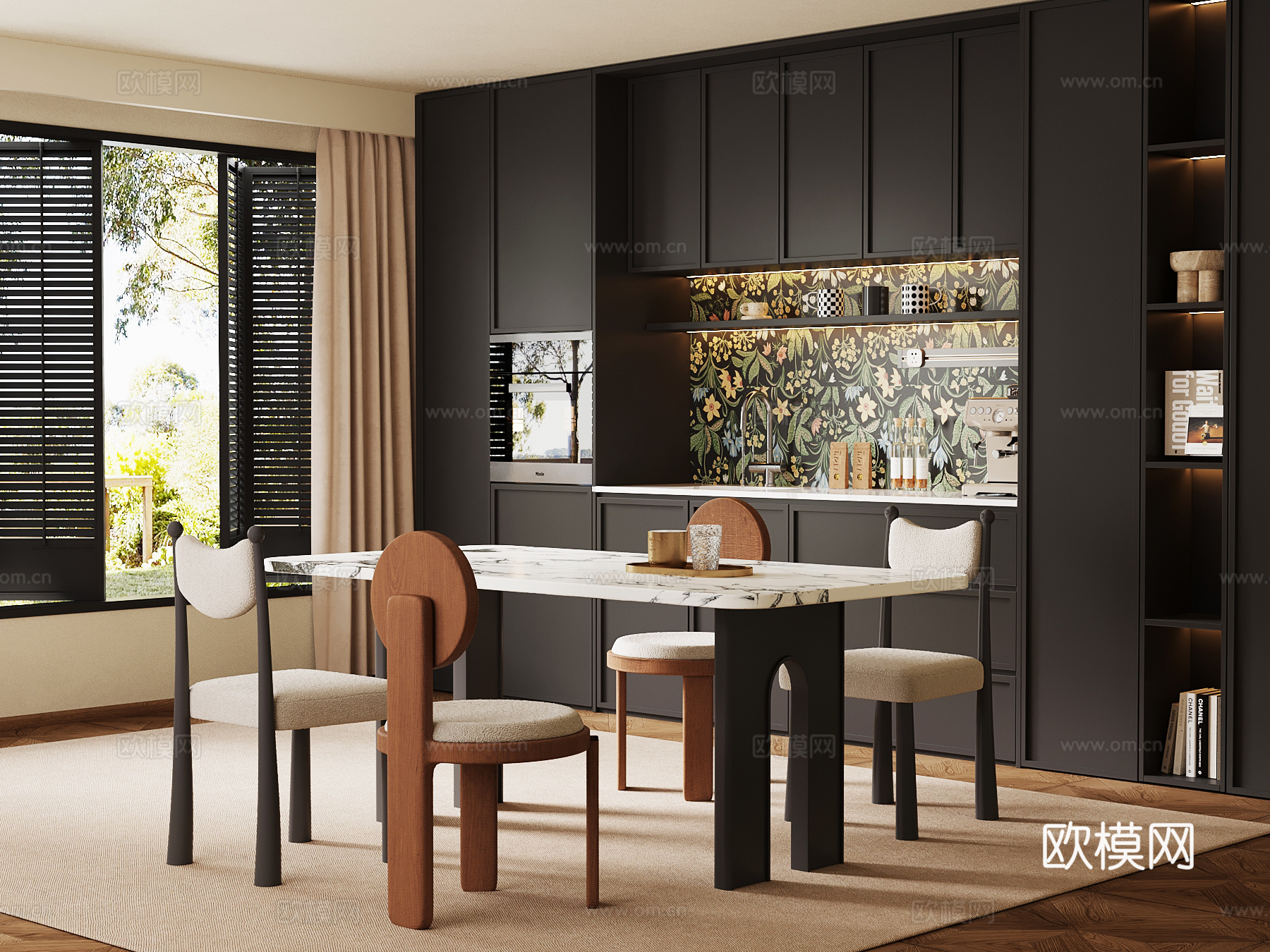 法式复古风餐厅 餐桌椅 餐边柜su模型