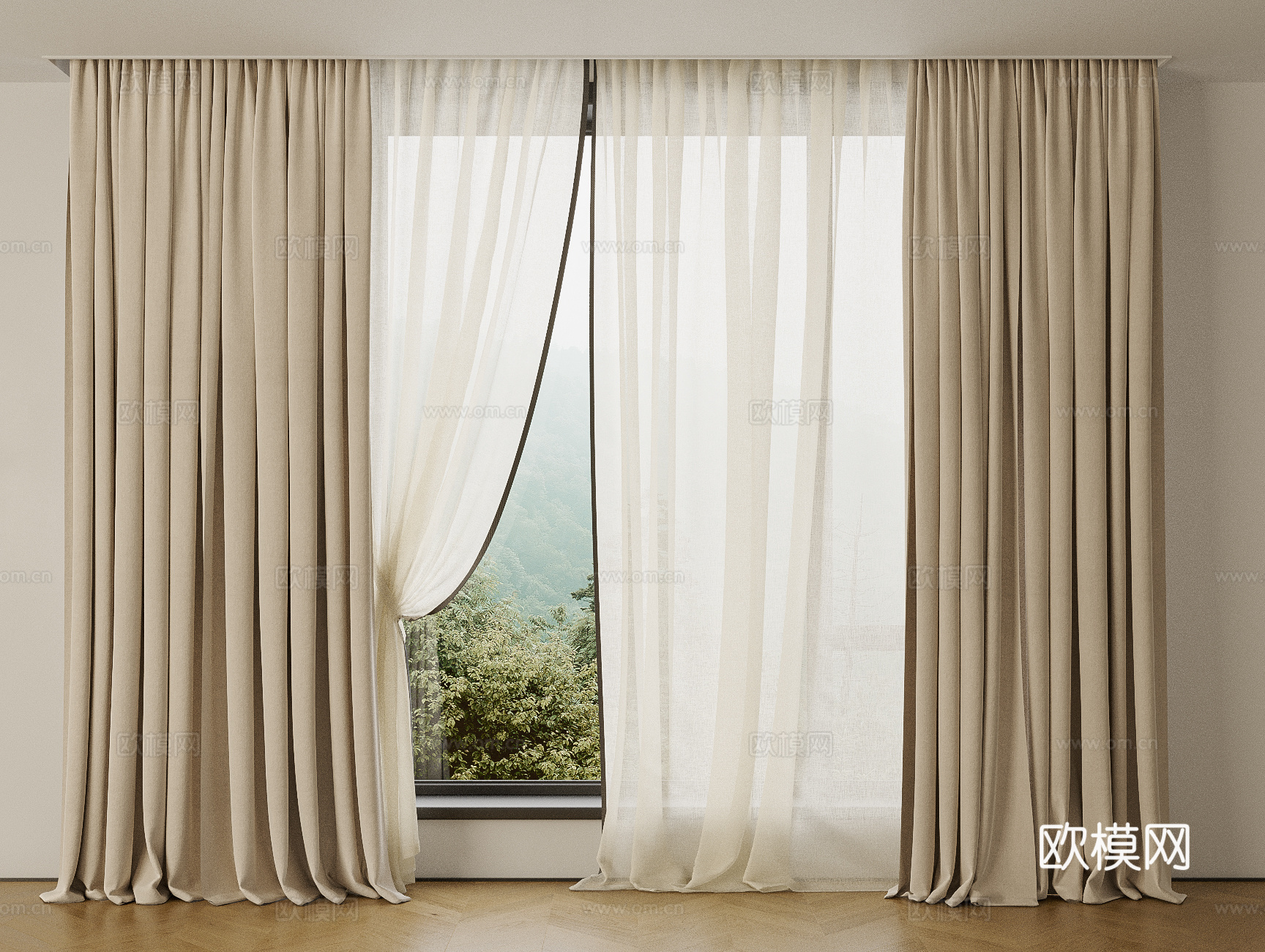 现代通用窗帘 纱帘 双层窗帘 米色窗帘 布艺窗帘su模型