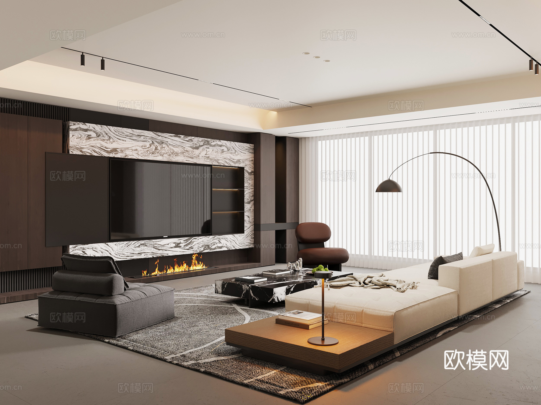 现代意式客厅 沙发茶几组合 电视背景墙su模型