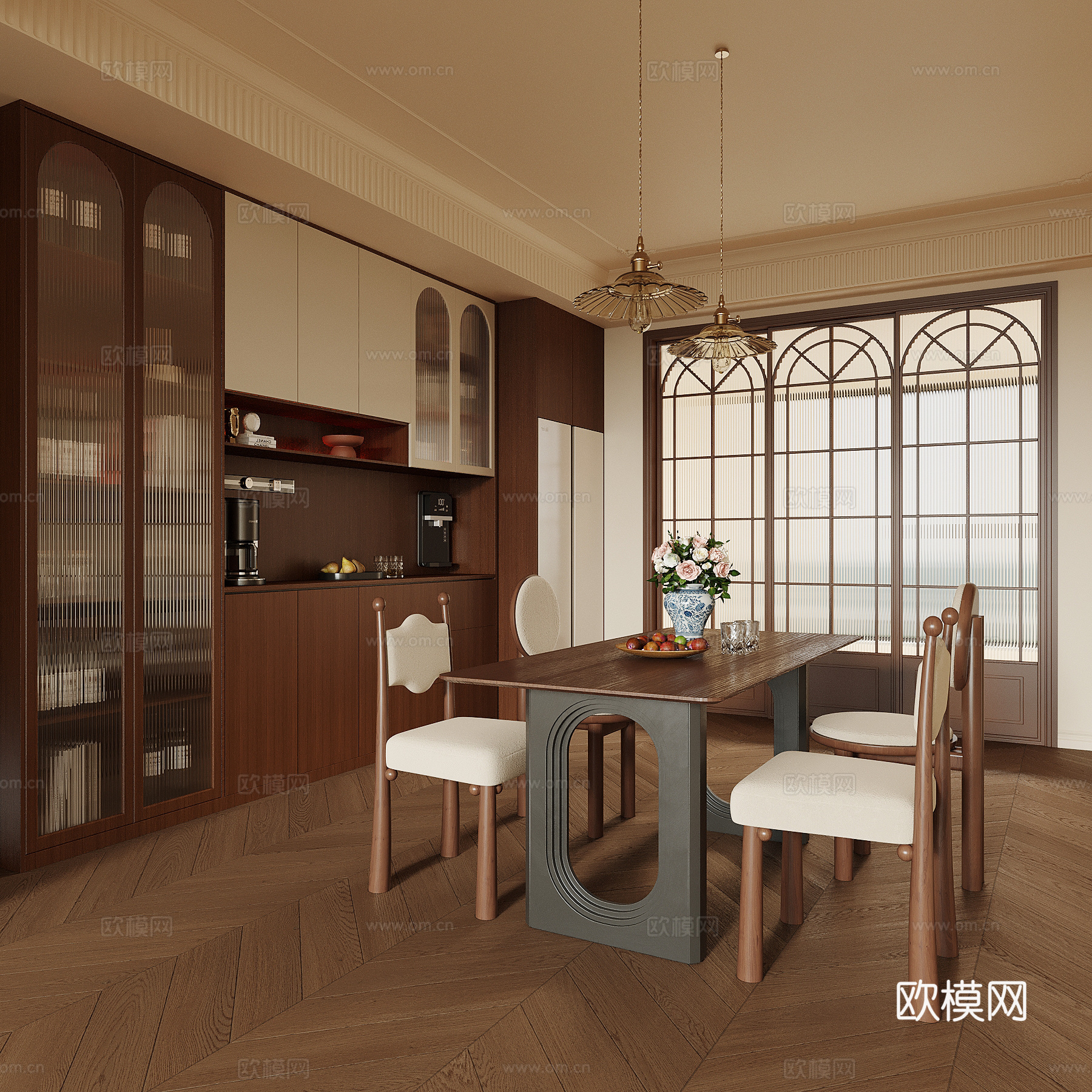 中古风餐厅 餐桌椅 酒柜su模型
