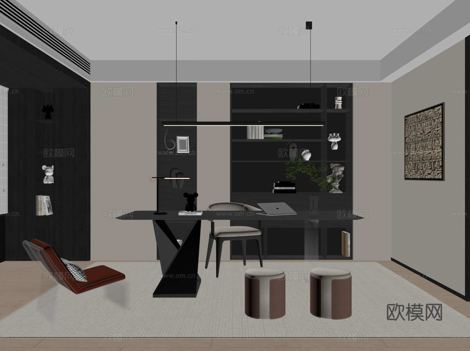 现代意式书房su模型