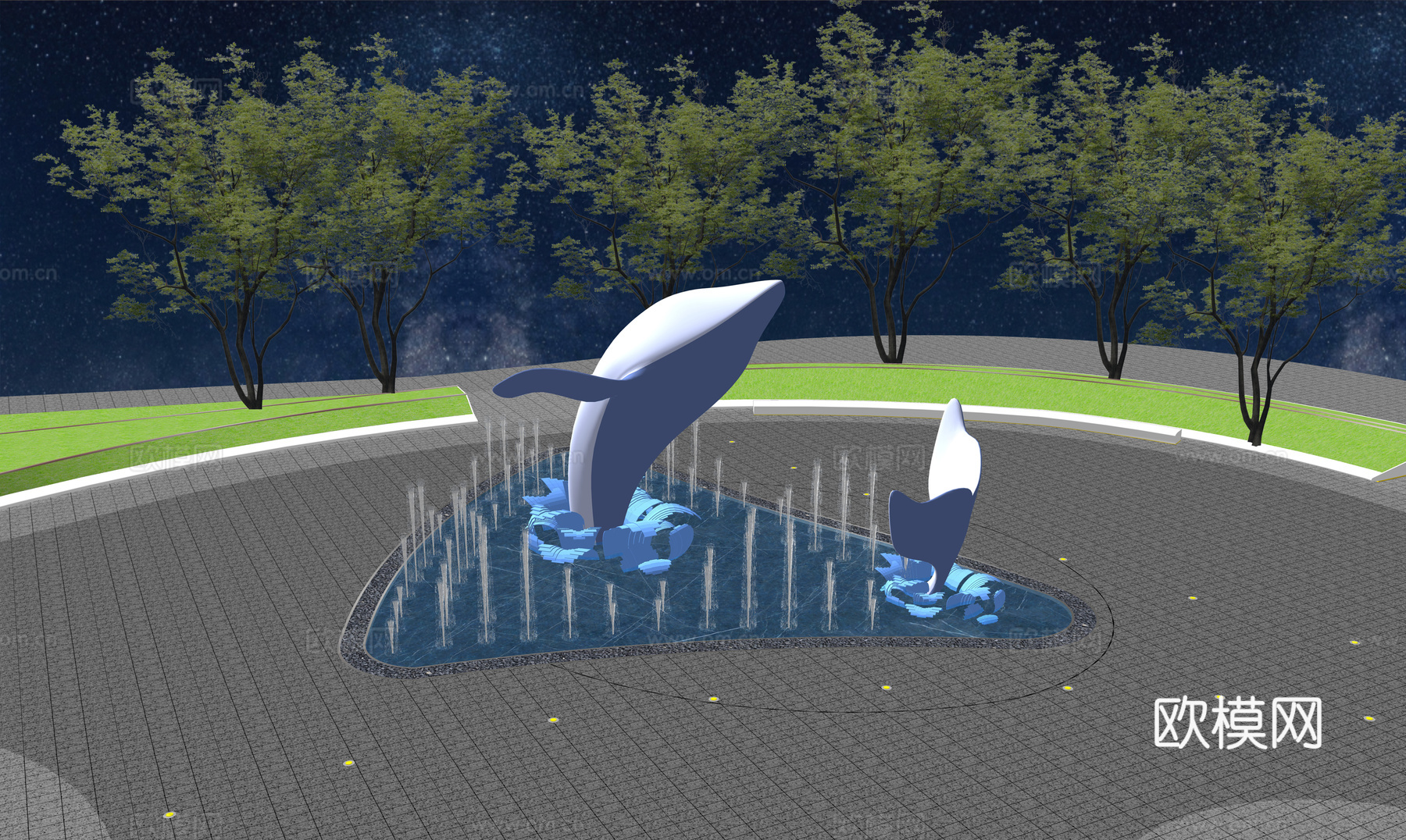 旱喷 雕塑  喷泉公园su模型