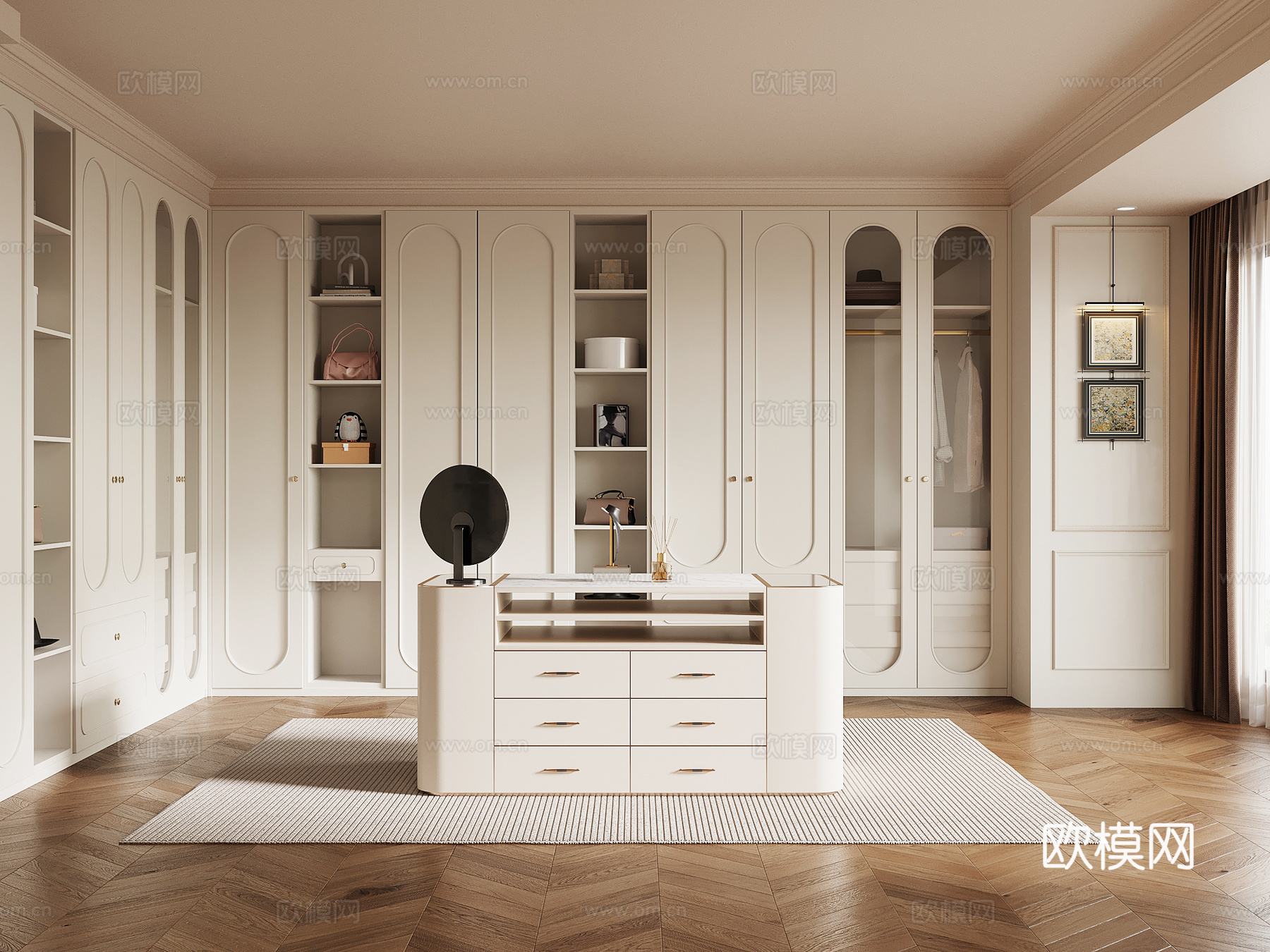 法式奶油风衣帽间 衣柜 中岛柜su模型