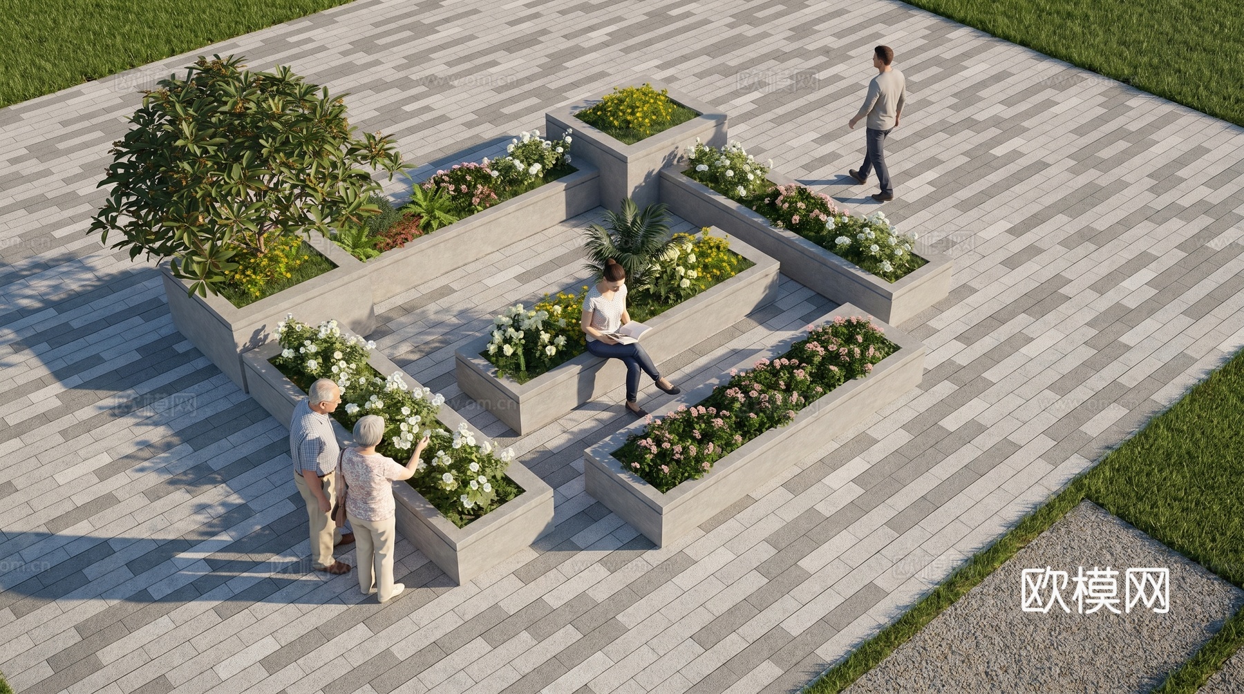 现代花池   植物景观   石材花池su模型