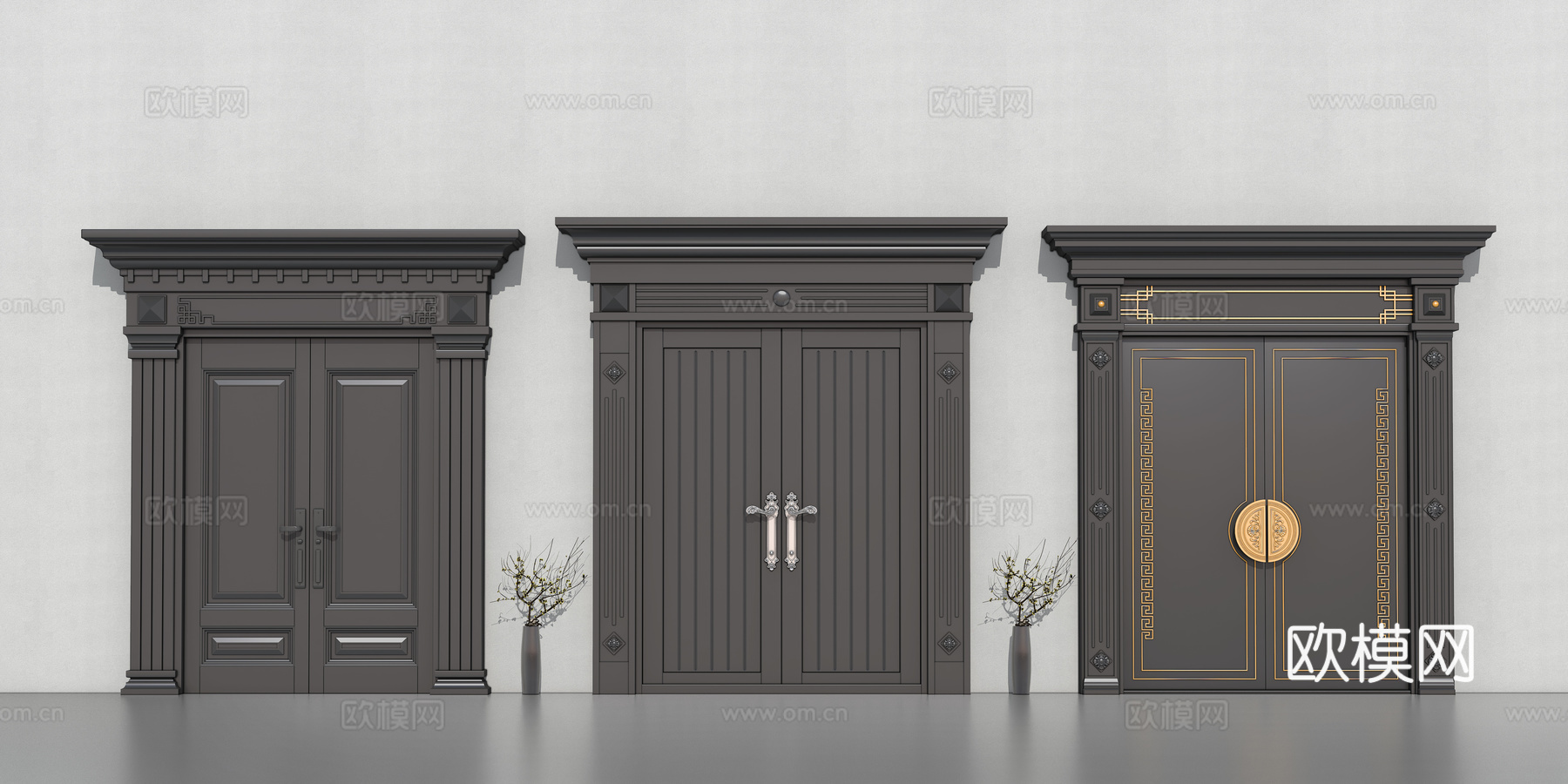 双开门  新中式大门su模型