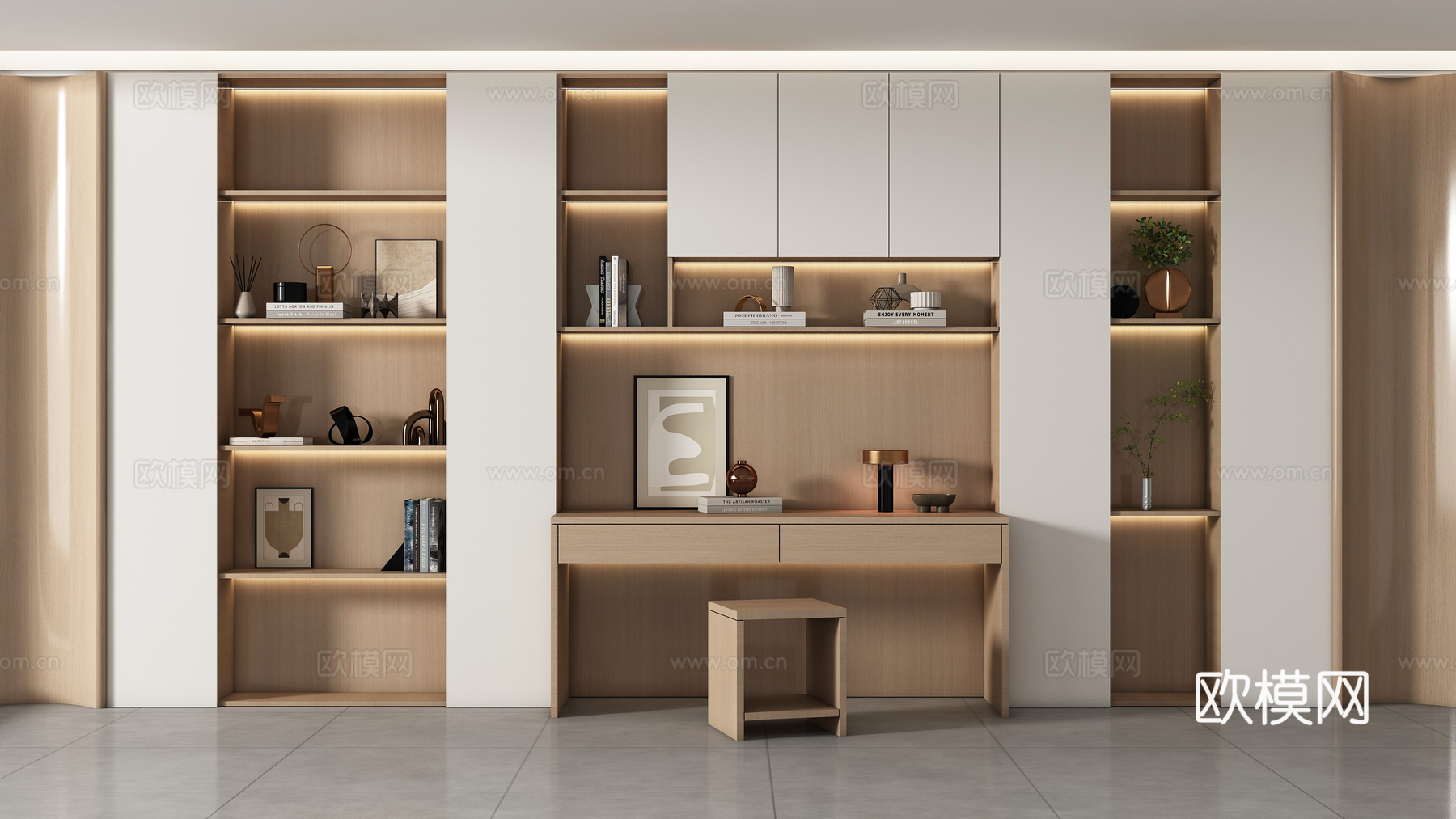 现代书房 书柜书桌组合 储物柜背景柜 装饰柜su模型
