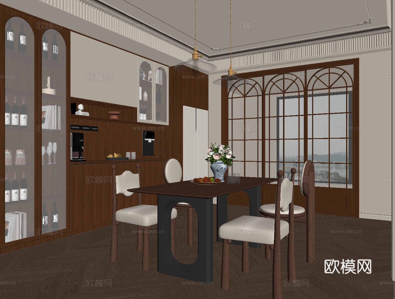 中古风餐厅 餐桌椅 酒柜su模型
