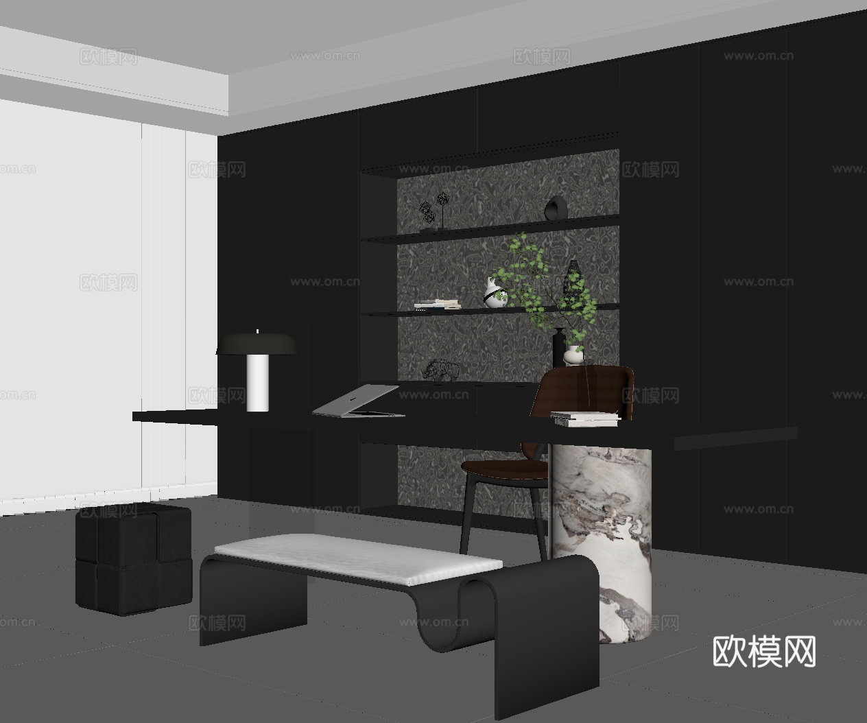 现代意式书房 书桌椅 书柜su模型