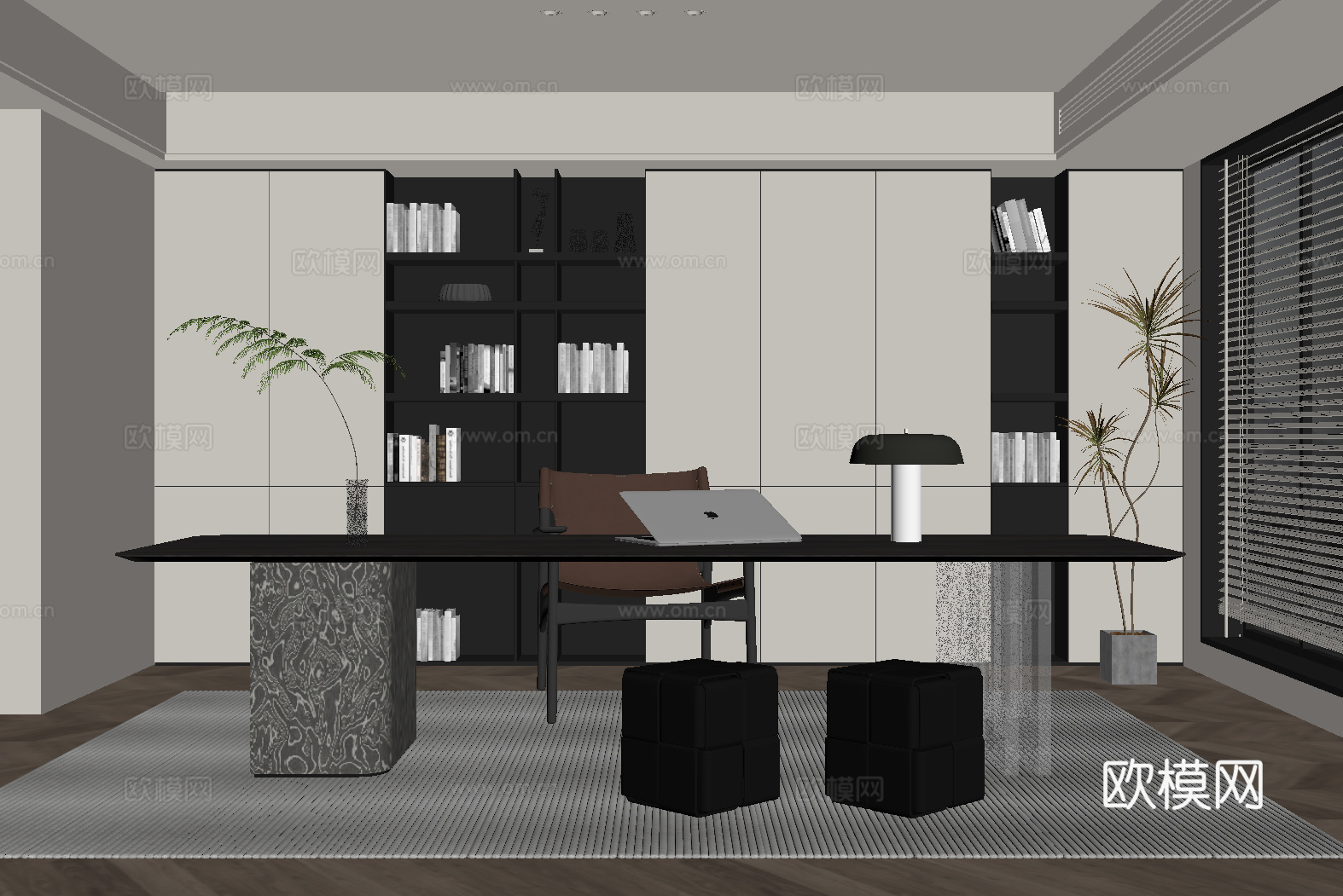 现代意式书房 书桌椅 书柜su模型