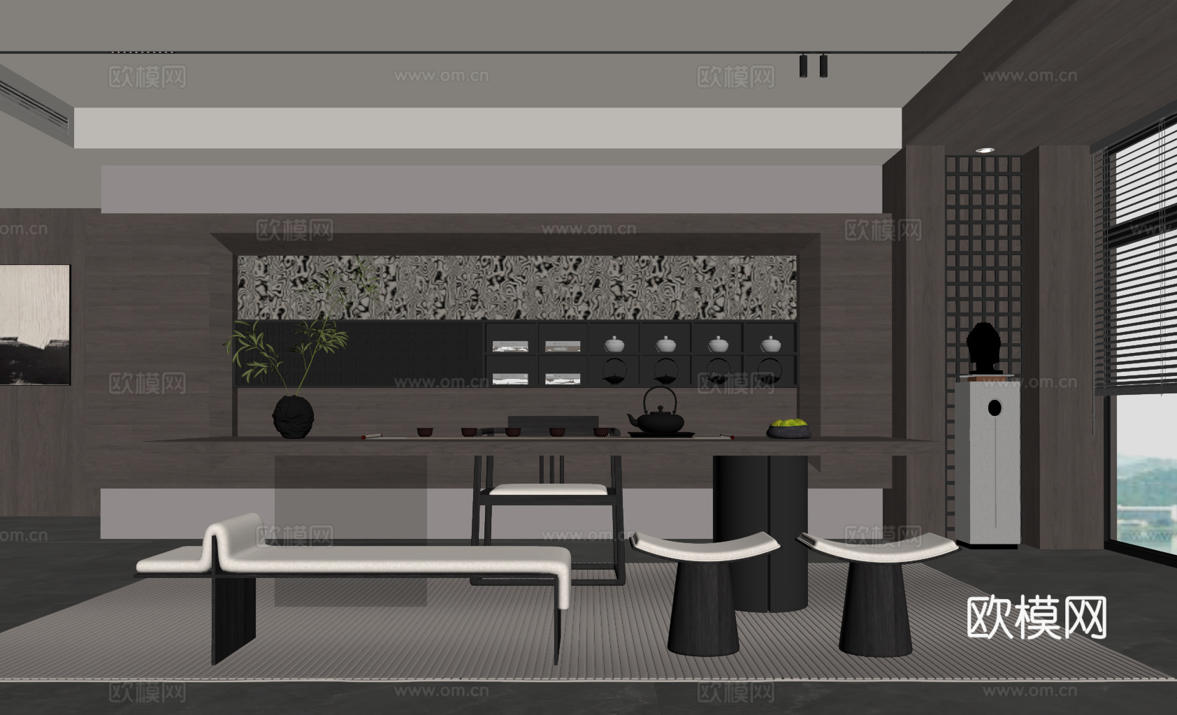 现代意式茶室 茶桌椅 茶室背景墙su模型