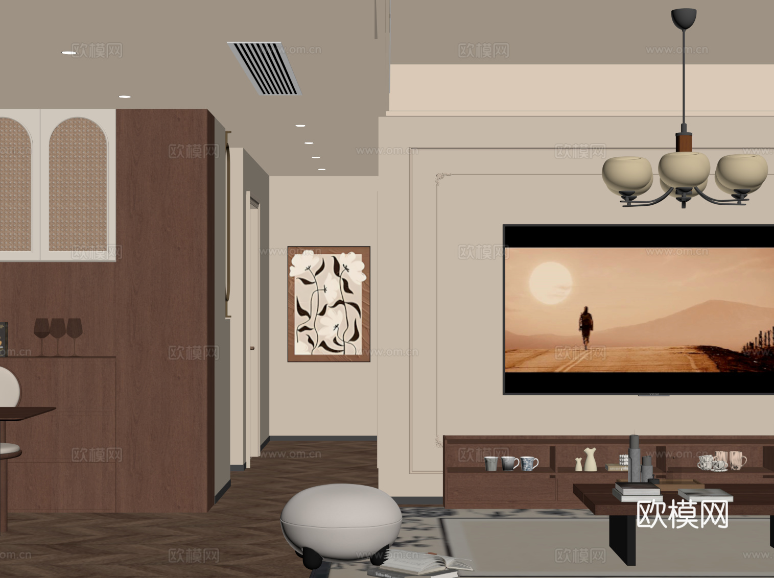 中古风客餐厅 电视柜 酒柜su模型