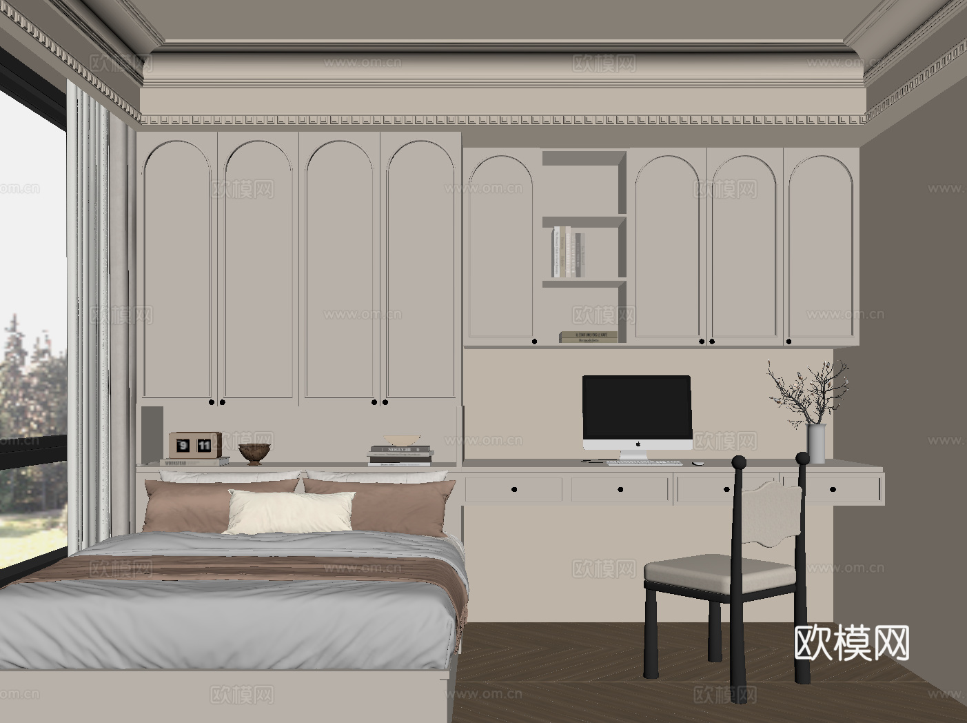法式奶油风榻榻米卧室su模型