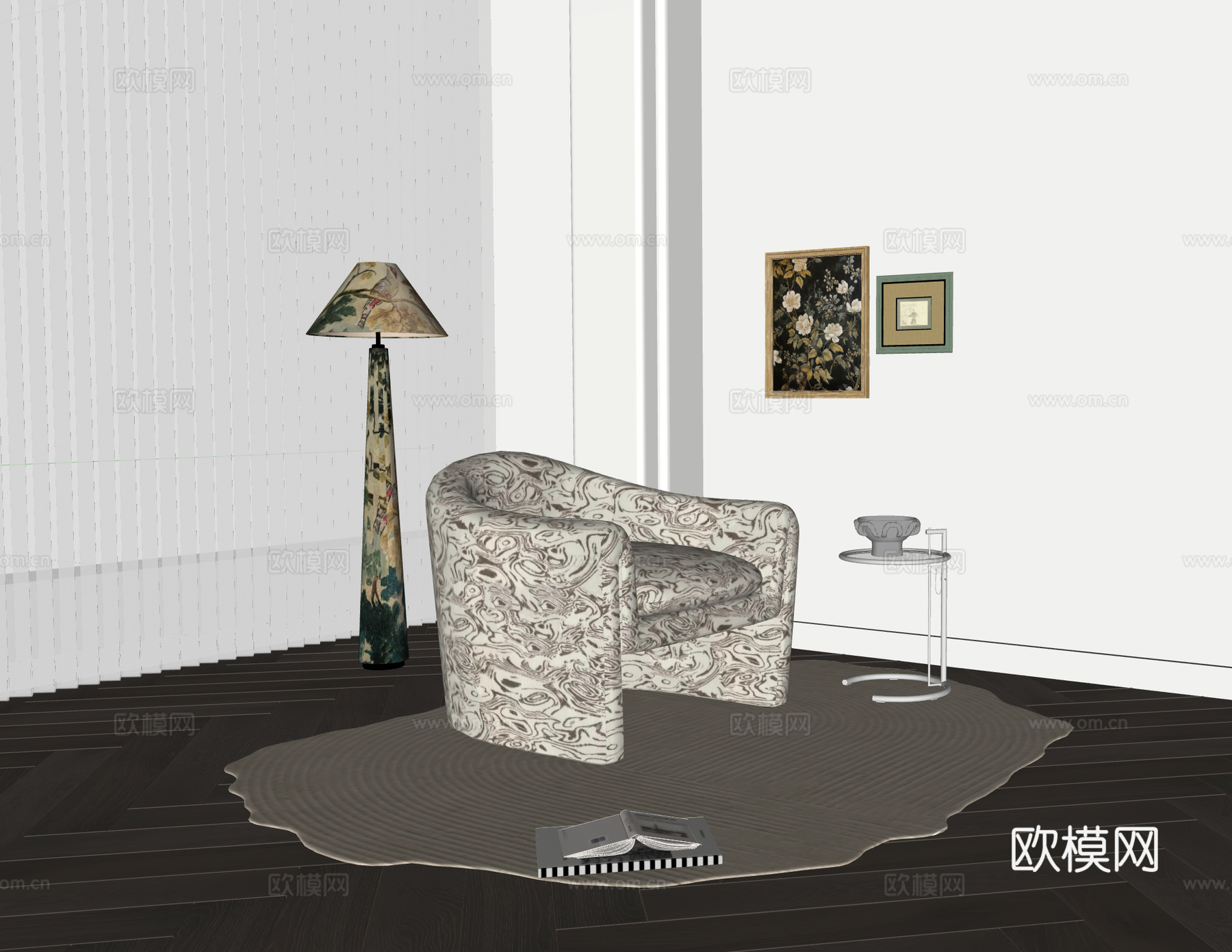 CASSINA 中古风单人沙发 休闲椅 沙发椅 边几 落地灯su模型