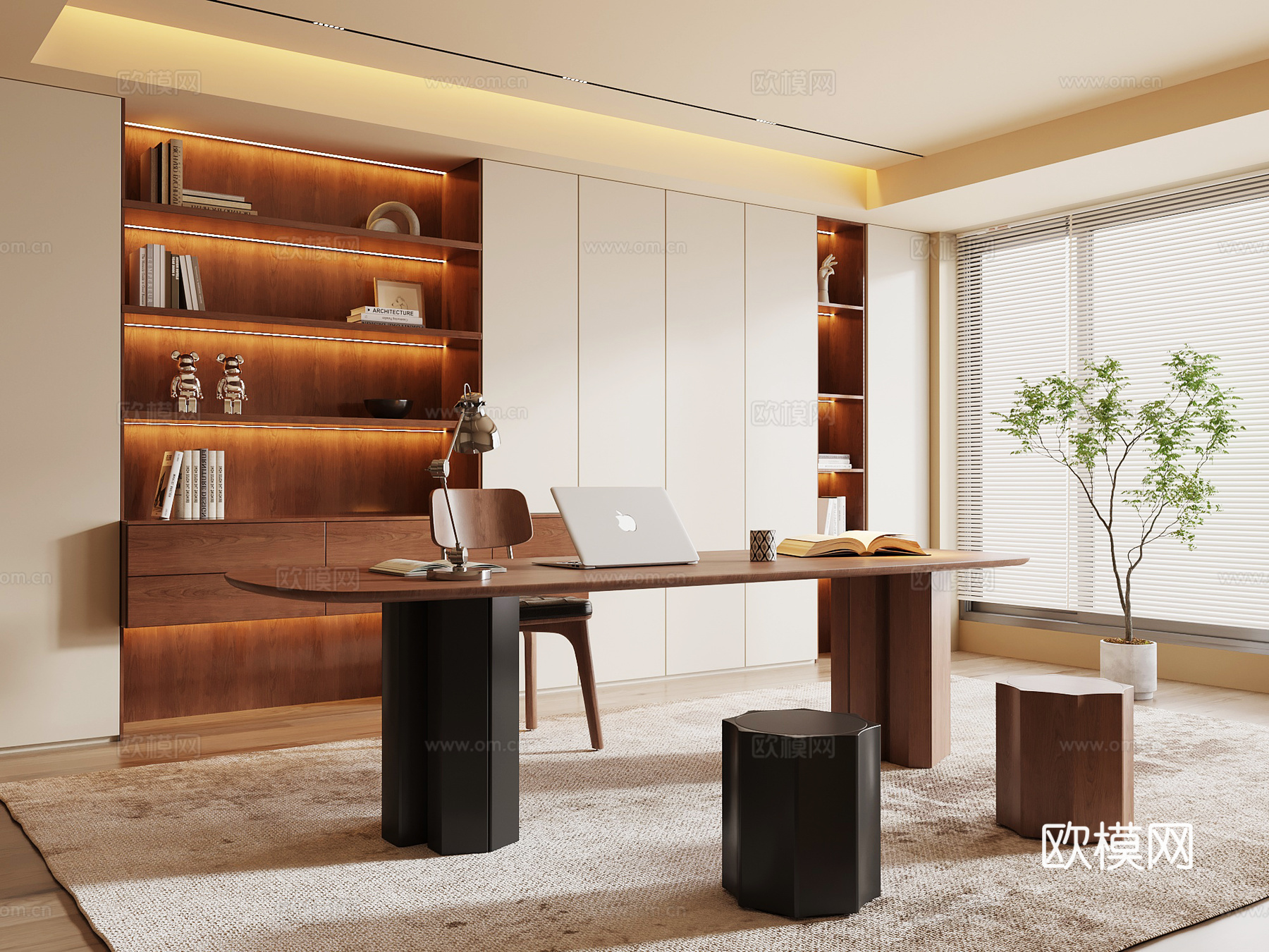 现代中古书房 书桌椅 书柜su模型