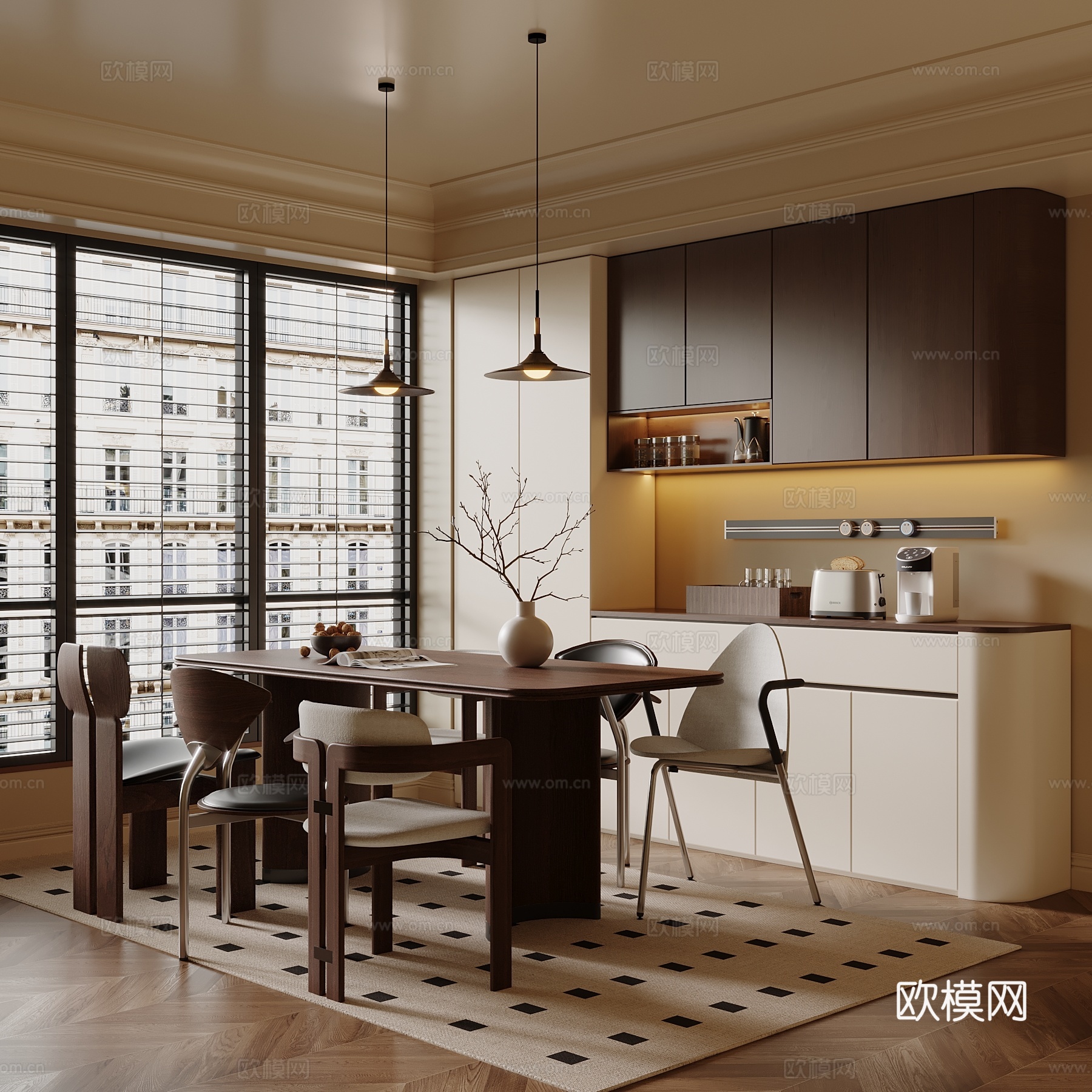 中古风餐厅 餐桌椅 酒柜su模型