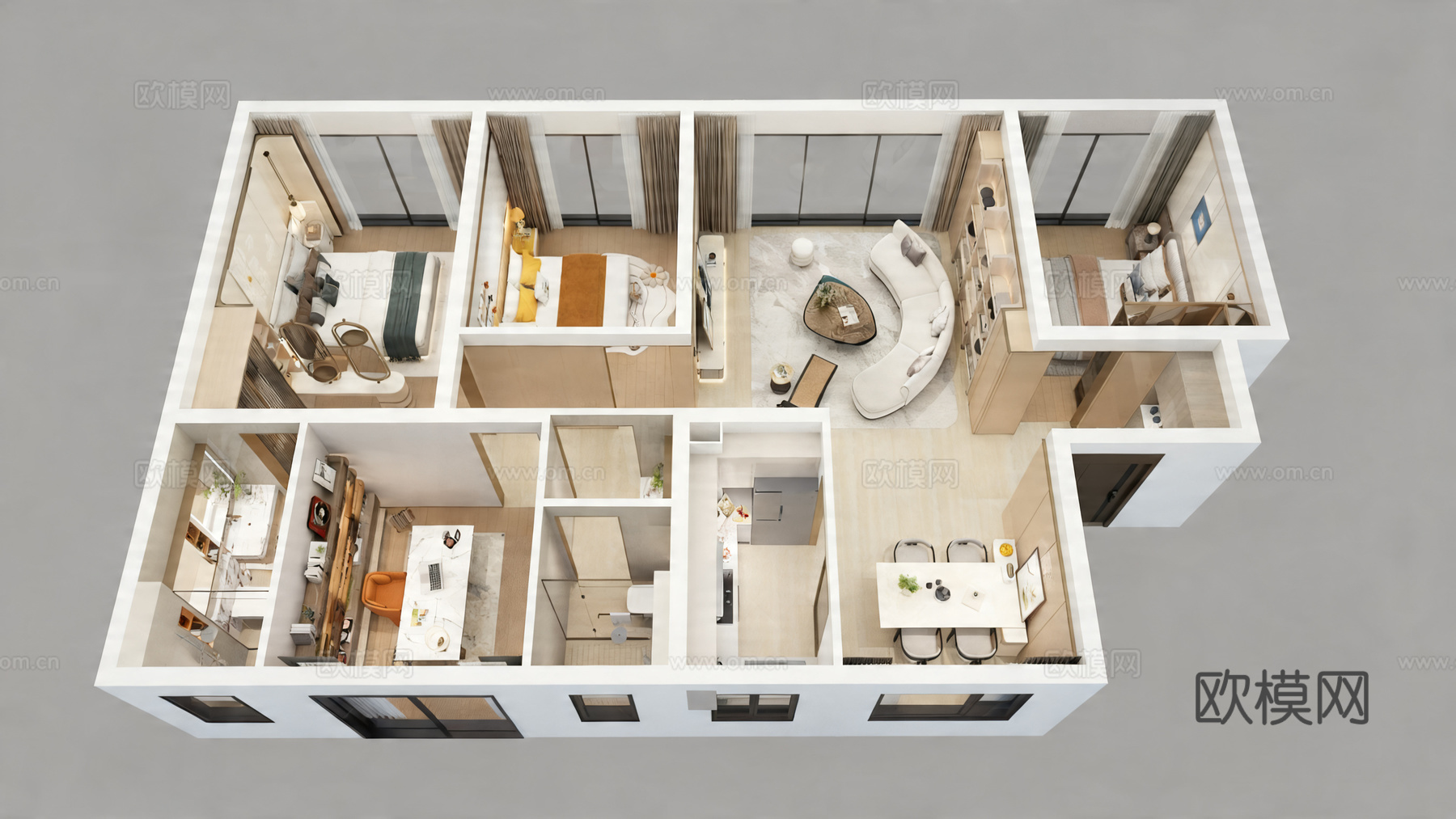 现代家装鸟瞰 现代家装样板间 样板房鸟瞰 客餐厅卧室书房 厨su模型